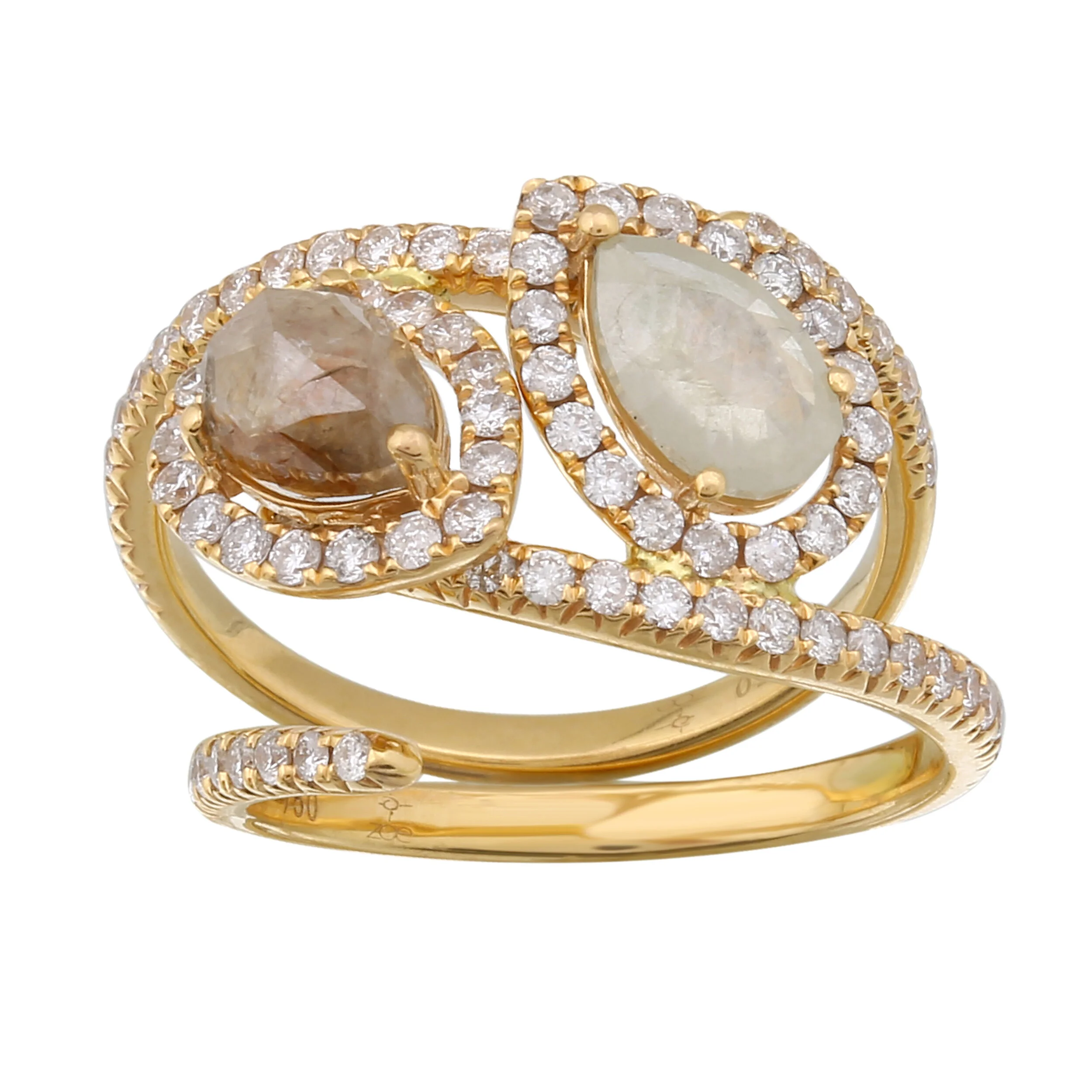 pear shape rustic diamond split shank rose gold diamond pave ring stack 