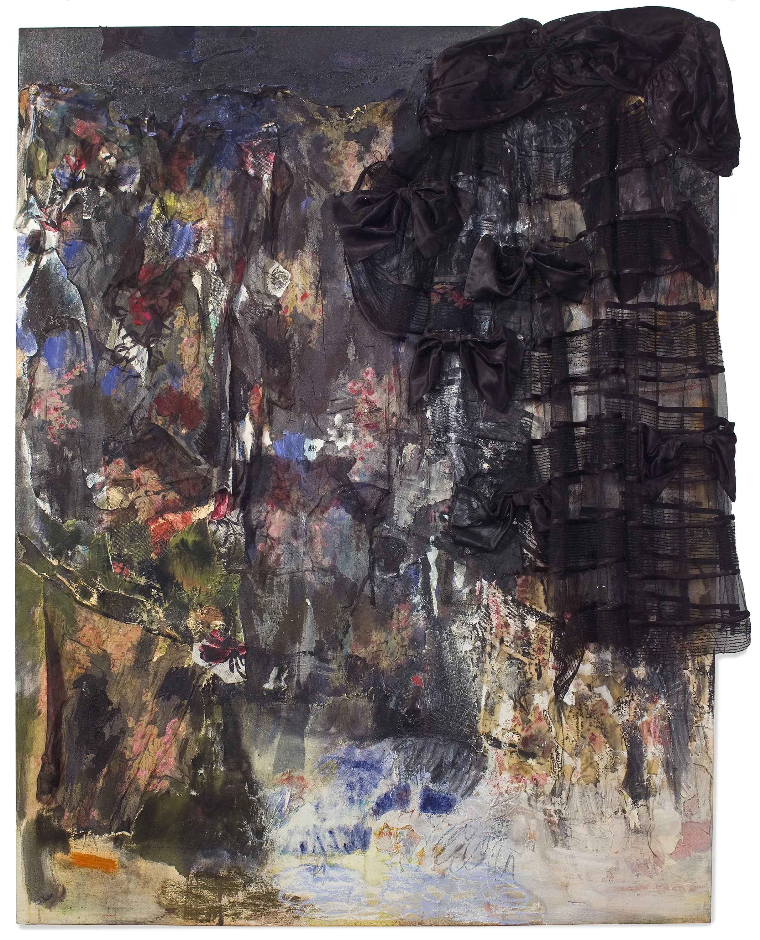 Heaven and earth are dressed in their summer wear (Black skirt and secrets), oil, mixed media, and assemblage on linen, 58 x 41 inches.