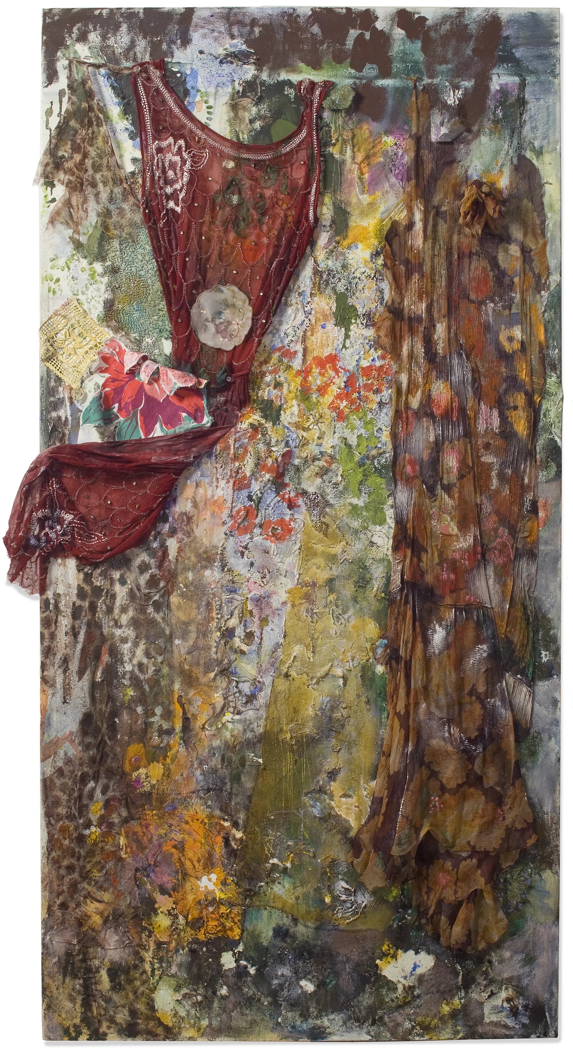 Heaven and earth are dressed in their summer wear (Red dress) , oil, mixed media, assemblage on linen, 60 x 30 inches.