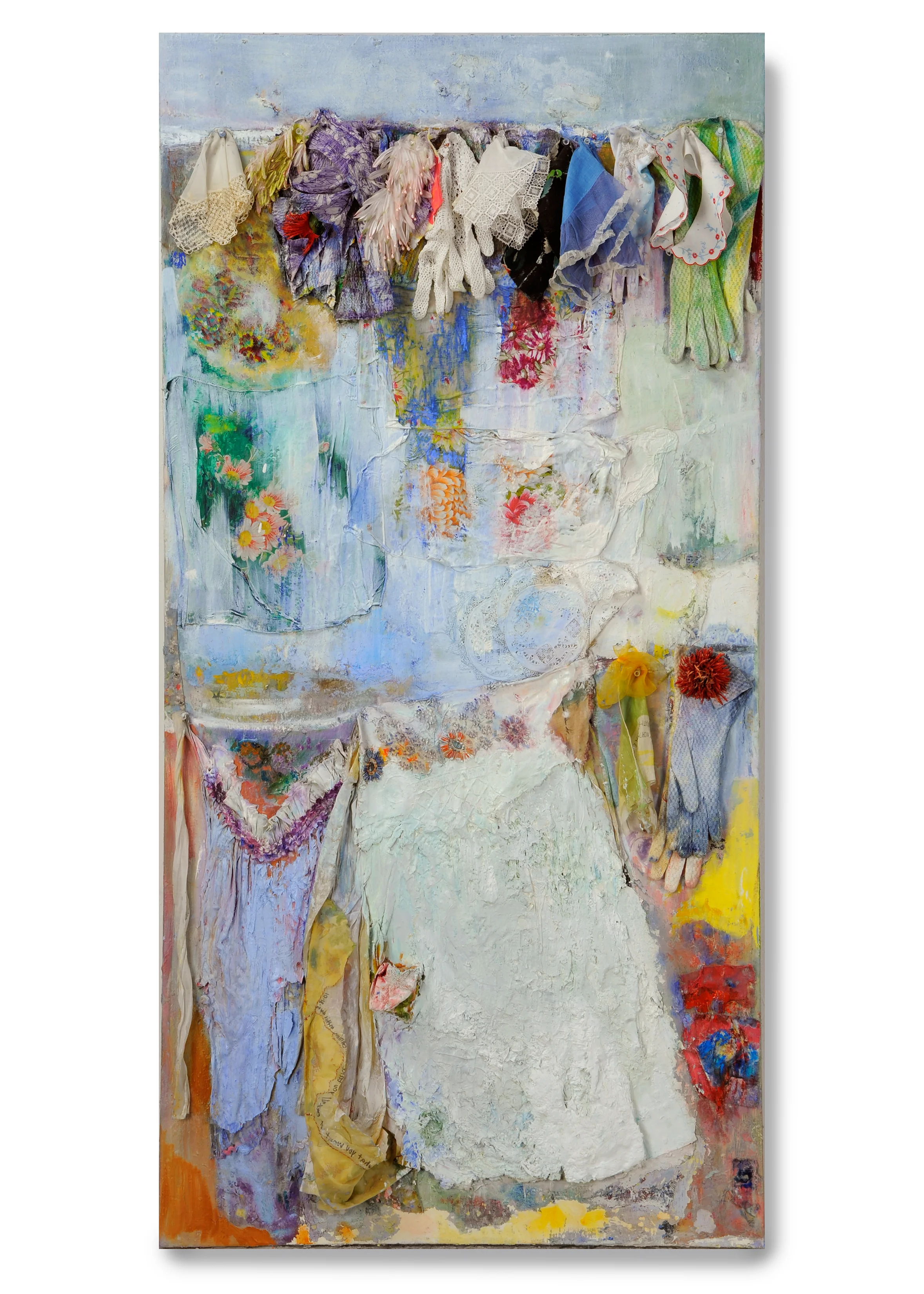 Heaven and earth are dressed in their summer wear (Apron hankies.two lines) , oil, mixed media, and assemblage on linen, 60 x 30 inches.