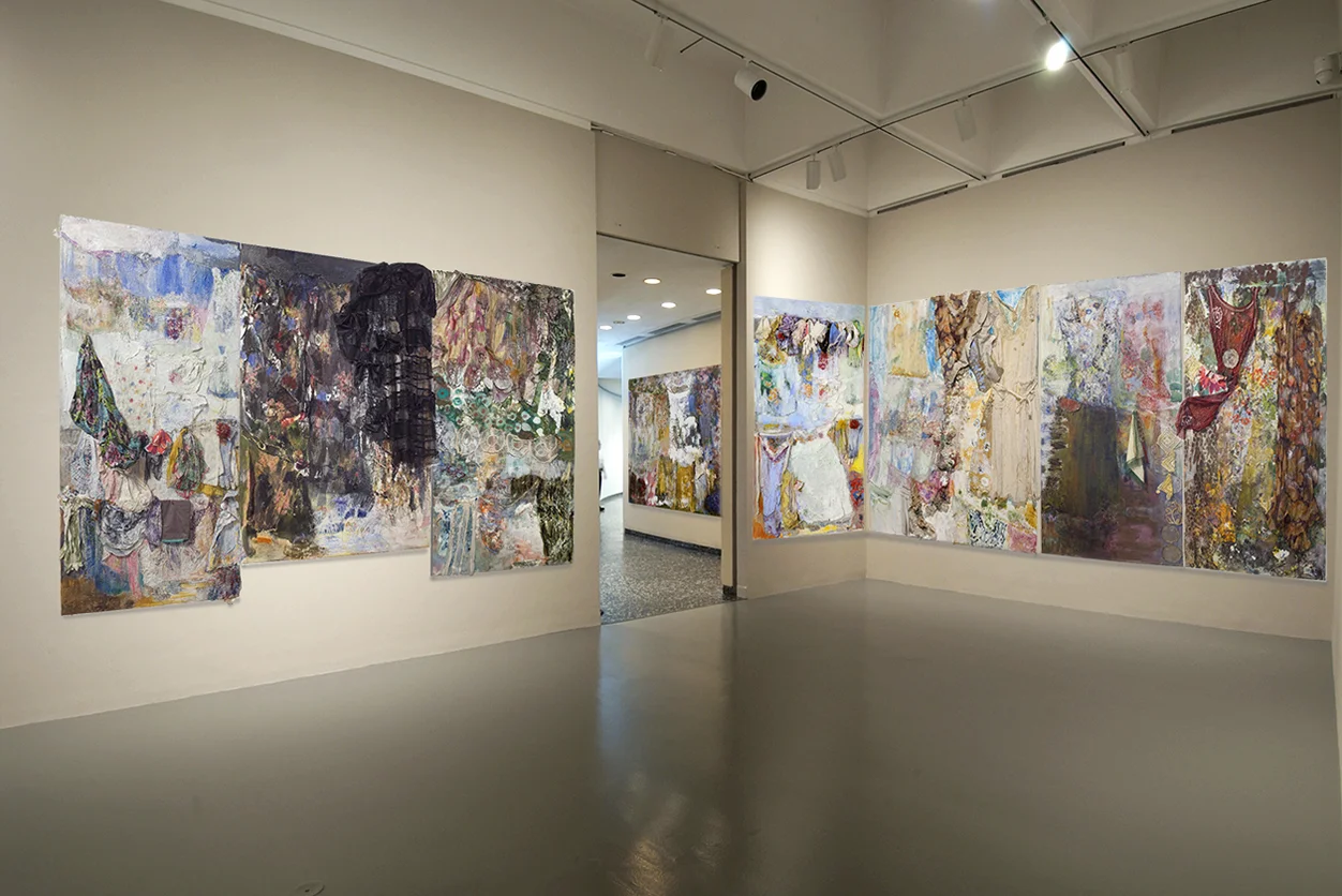 Heaven and earth are dressed in their summer wear , oil, mixed media, assemblage on linen. Installation view, dimensions variable.