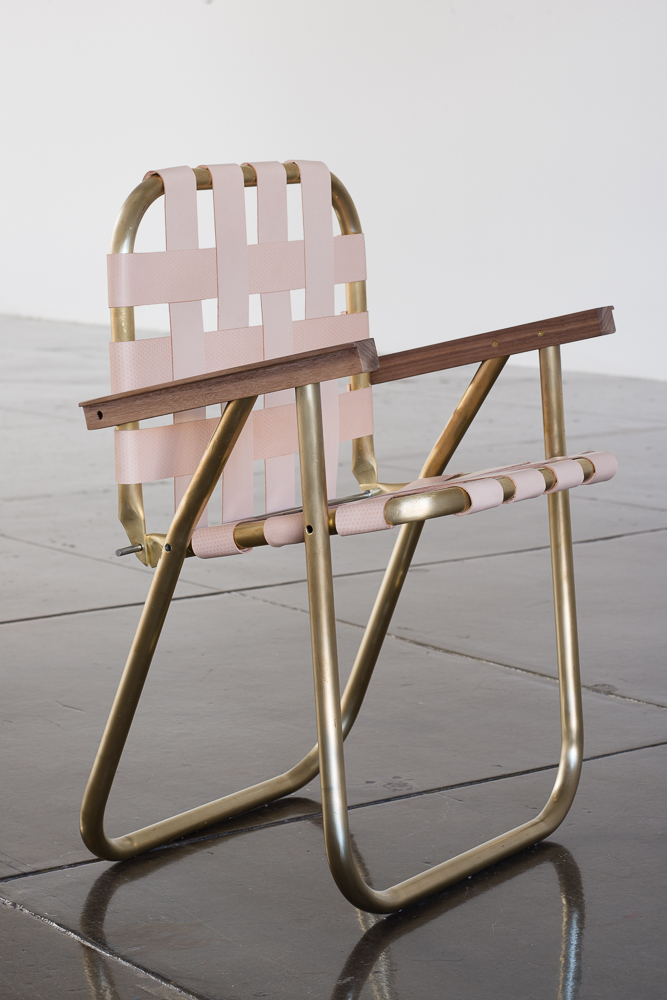 Lawnchair, 2014. Brass, Walnut, Leather. Blue/Black at Artpace, San Antonio. 2014