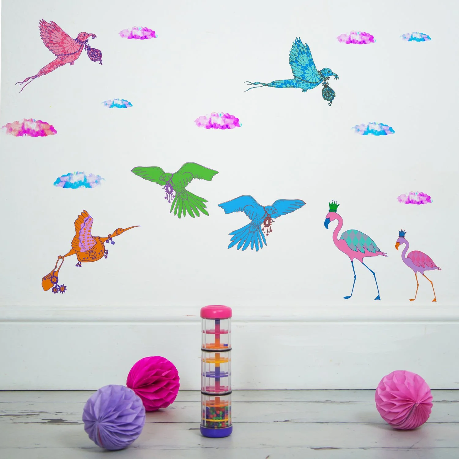 sas and yosh collaboration with nutmeg wall art birds and clouds
