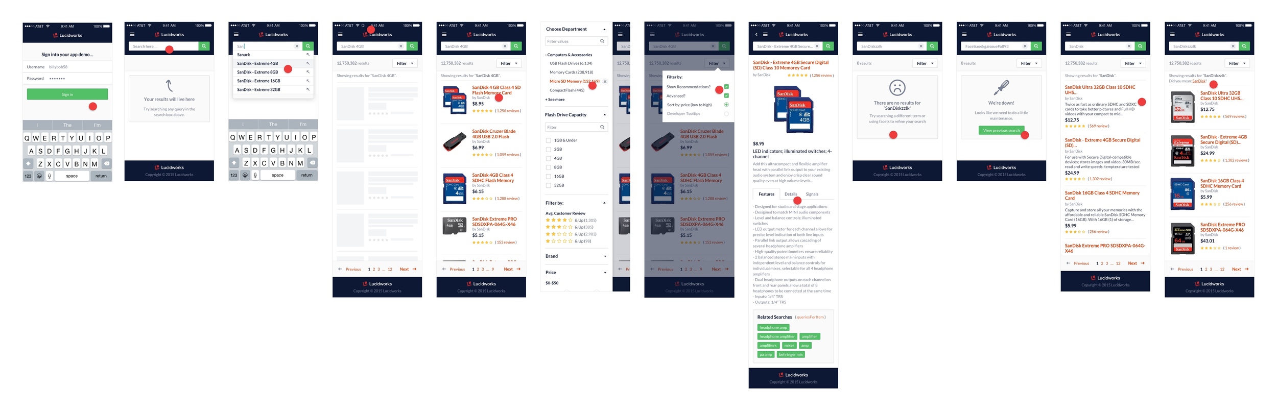 UI S tack for Standalone Search mobile. Each screen showcases different states the user may interact with.