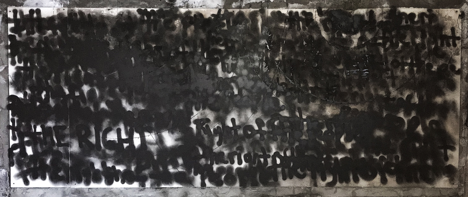 The Right of the People Spray paint, acrylic, string, nails, & mold on panel; 51x961”, 2018. Installed at Fish Factory Creative Centre in Stöðvarfjörður, Iceland. My response to American gun lobbyists and advocates of the Second Amendment, living amongst lax gun laws. Americans are 25 times more likely to be murdered with a gun than those in any other developed country (The Guardian).