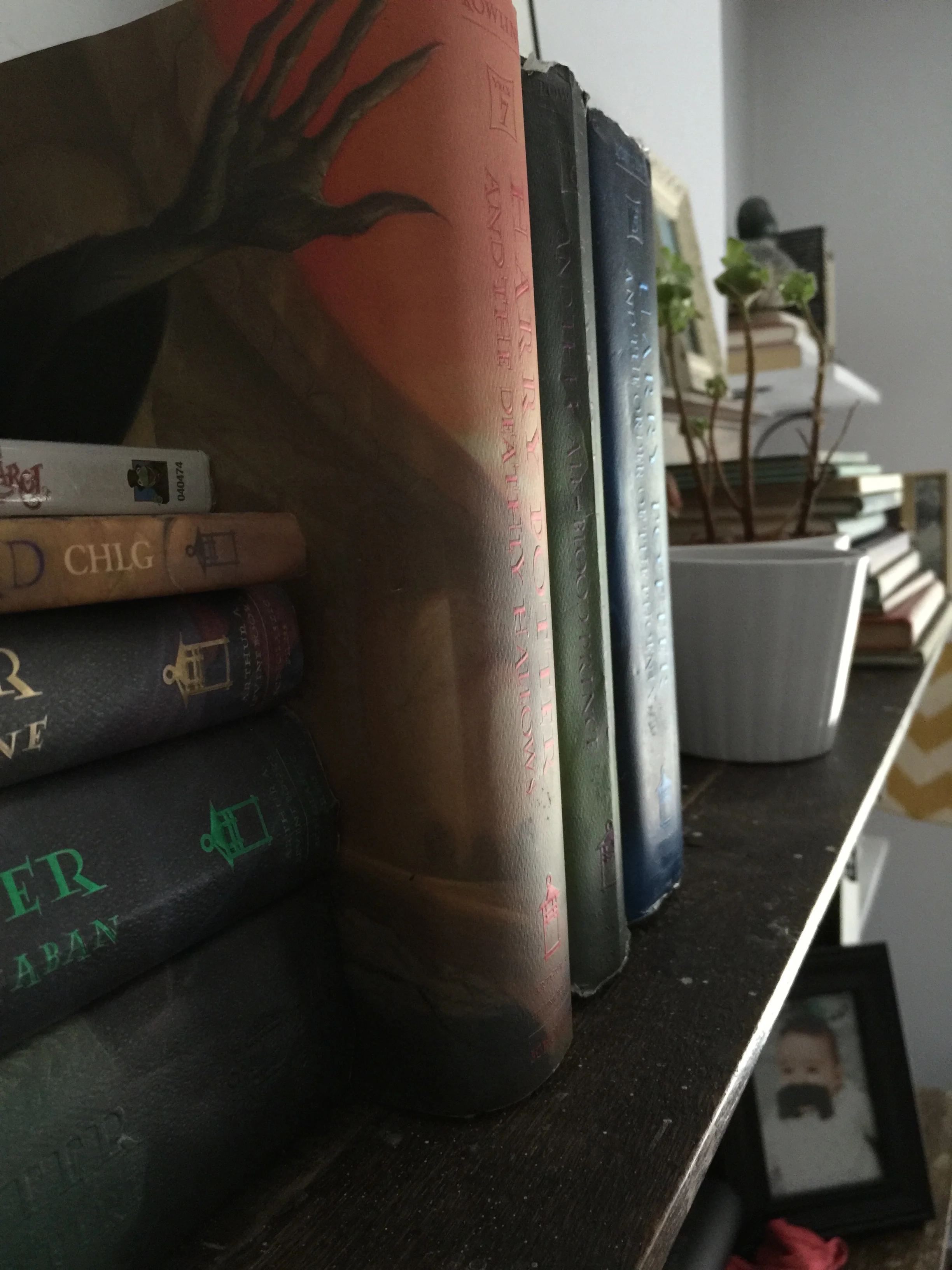 My favorite series, Harry Potter, displayed on our mantle proudly.