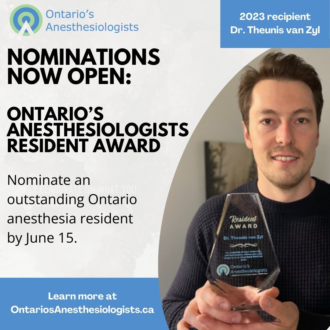 💫 BIG NEWS 💫 Nominations for our annual Ontario's Anesthesiologists Resident Award are now open until June 15.

This exciting opportunity aims to recognize anesthesia residents in Ontario for their outstanding contributions to education, leadership