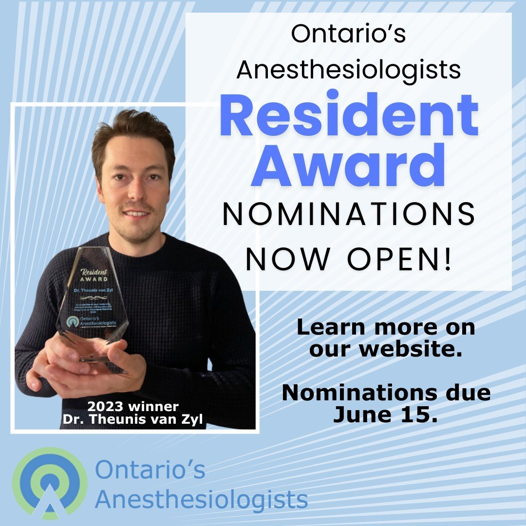 💫 REMINDER 💫 Nominations for our annual Ontario's Anesthesiologists Resident Award are now open until June 15.

This exciting opportunity aims to recognize anesthesia residents in Ontario for their outstanding contributions to education, leadership