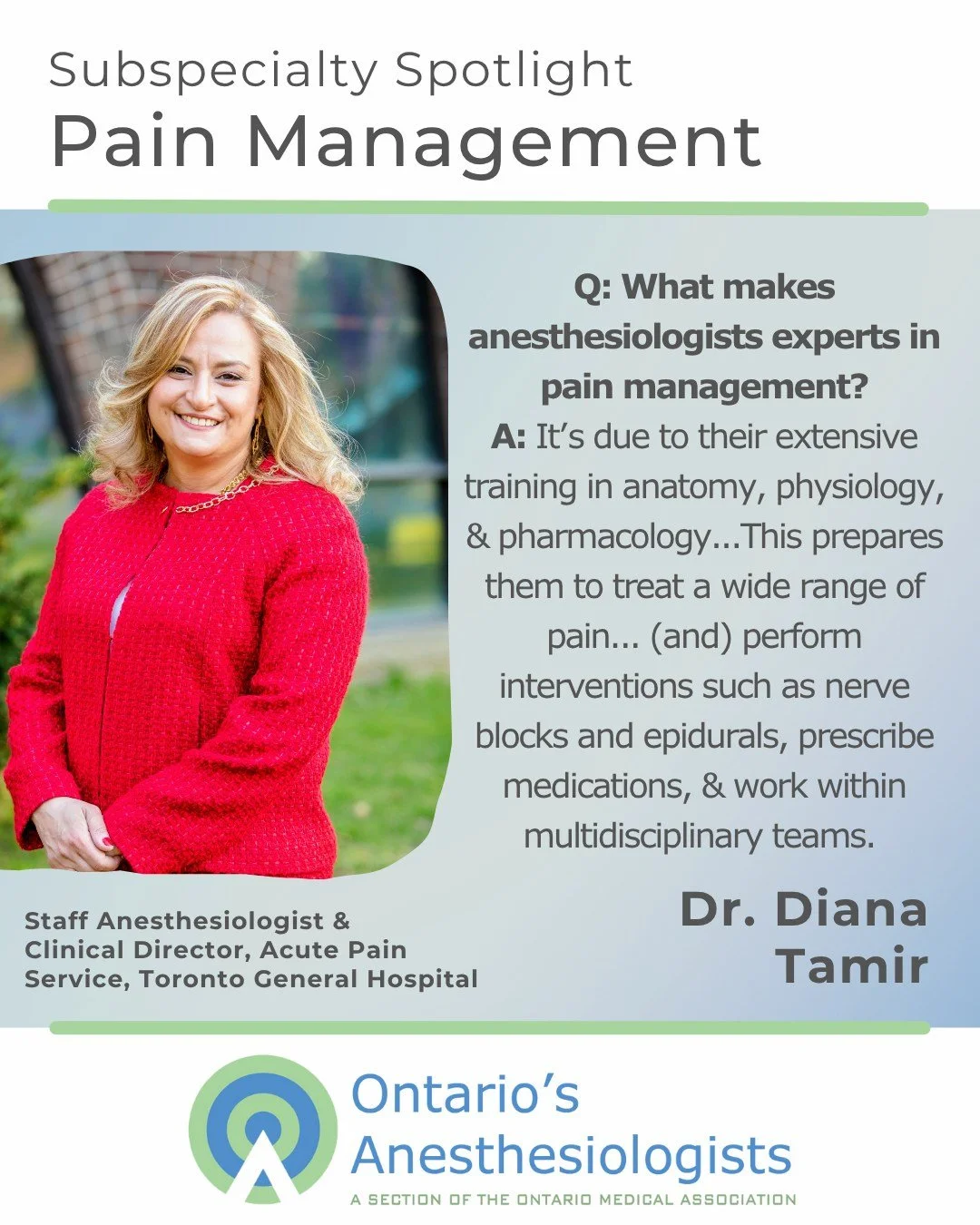 #ICYMI: Earlier this month, to highlight National Pain Awareness Week, we spotlighted our members' role in pain management by doing a quick Q&amp;A with @torontogeneralhospital's Dr. Diana Tamir. 

Read that Q&amp;A by selecting the pinned post on ou