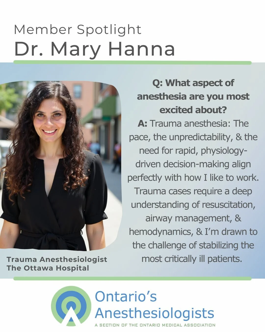 ICYMI: We're wrapping up 2025 with one last Member Spotlight! Head to our pinned posts to see our Q&amp;A with @ottawahospital's Dr. Mary Hanna, a trauma anesthesiologist whose favourite cup of ☕ is a holiday season essential! ❄️

#anesthesia #anesth