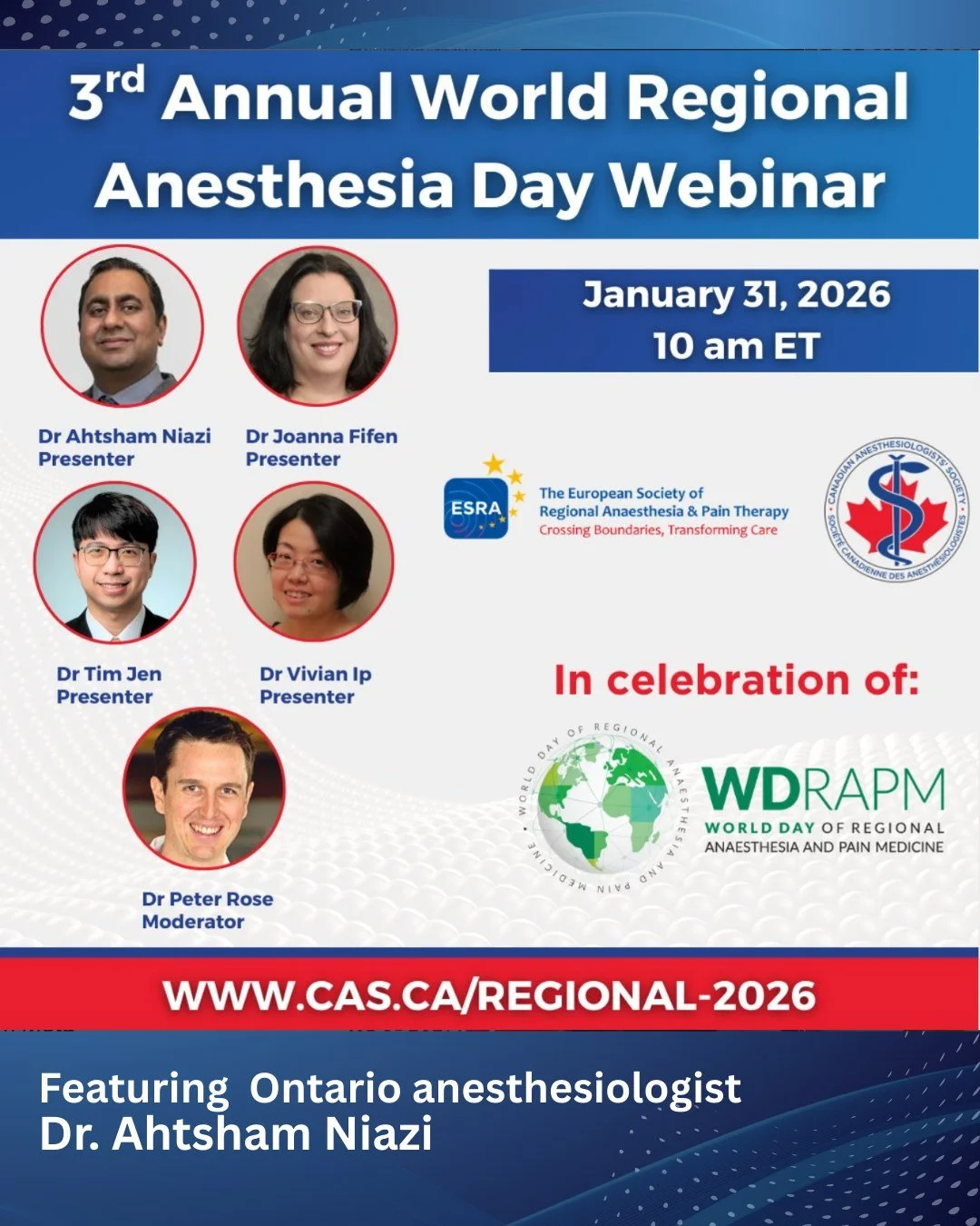 Celebrate the third annual World Regional Anesthesia Day with @casupdate's webinar "Equity, Access and Relief &ndash; Get the best out of Regional Anesthesia."

🗓️ Saturday January 31, 2026
10 a.m. ET; 90 minutes

It features one of our me