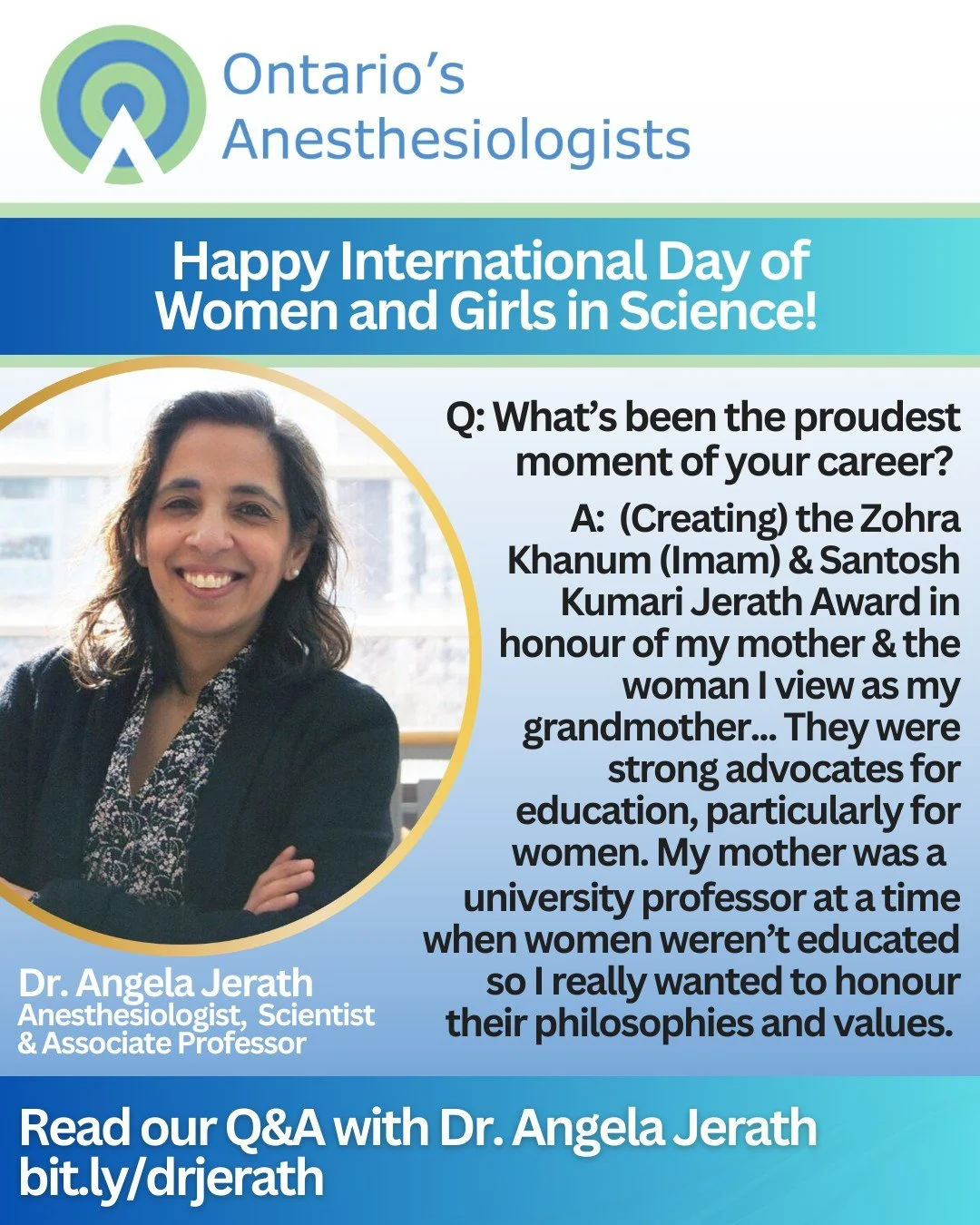 Today, February 11, is the International Day of Women and Girls in Science and we're celebrating by re-sharing our Instagram Member Spotlight of Dr. Angela Jerath, a @sunnybrook -based anesthesiologist who is shaping health care with her cutting-edge