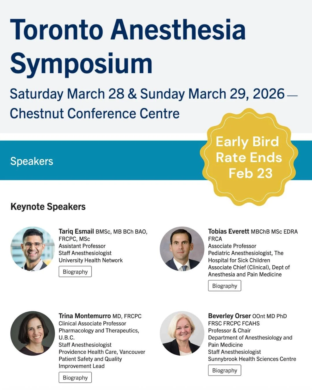 ⏰ The early bird rate for this year's Toronto Anesthesia Symposium ends on Monday, February 23.⏰

Hosted by @torontoanesthesia, the 2026 edition of TAS runs Saturday, March 28, and Sunday, March 29, at Toronto's Chestnut Conference Centre.

"The