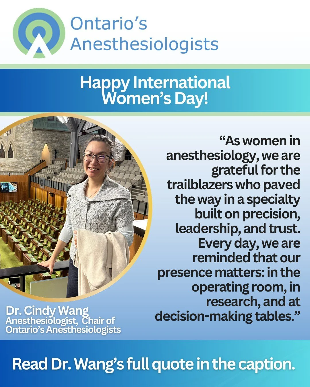 🚺 March 8 is International Women's Day! 🚺 To celebrate this special day, we have a quick message from our section chair, Dr. Cindy Wang:

"As women in anesthesiology, we are grateful for the trailblazers who paved the way in a specialty built 