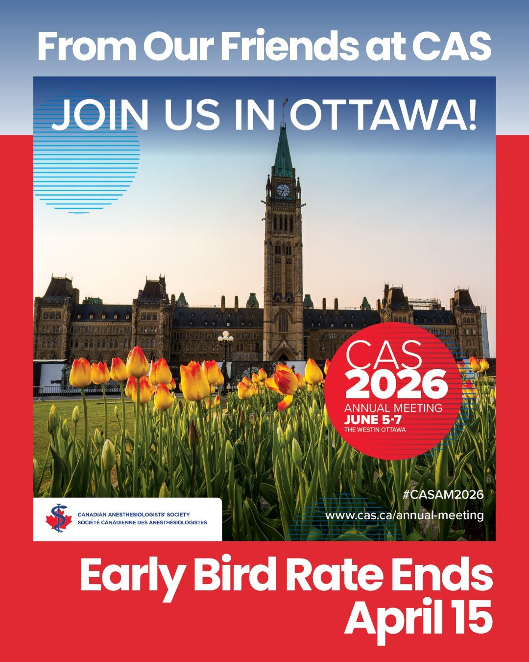 You have less than a month to take advantage of the early bird rate for #CASAM2026, hosted by the @casupdate 

From June 5-7, in Ottawa, join anesthesiologists, residents, anesthesia assistants, and anesthesia care providers from across 🇨🇦 for a co