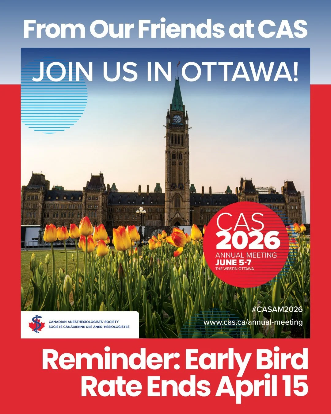 The early bird rate for this year's #CASAM2026, hosted by @casupdate, ends next Wednesday, April 15.

From June 5-7, head to Ottawa and join anesthesiologists, residents, anesthesia assistants, and anesthesia care providers from across 🇨🇦 for a com