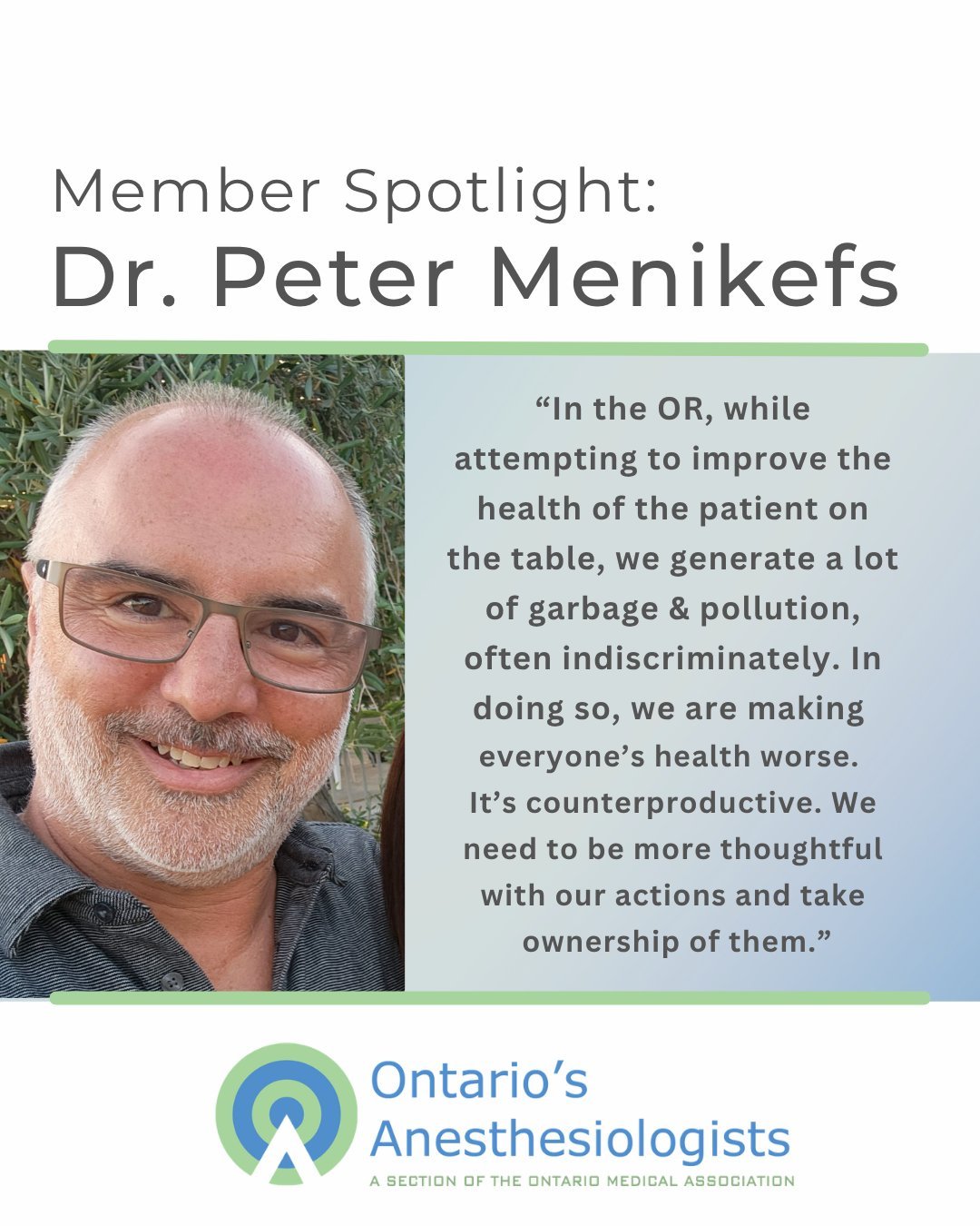 Ahead of #EarthDay2026 next week, we're re-sharing last year's Member Spotlight of Dr. Peter Menikefs. In addition to being an anesthesiologist with @unityhealthto&rsquo;s St. Joseph Health Centre in Toronto, Dr. Menikefs is also a dedicated member o