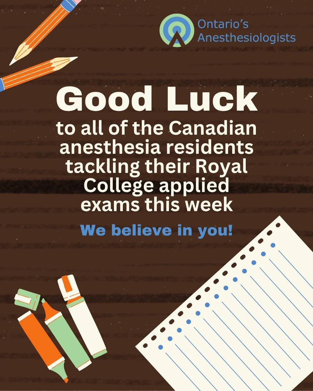 Today, May 5, marks the start of the Royal College applied exams for 
Canadian anesthesia PGY-5 residents. Good luck to all the residents who are participating in this critical and essential process. 

 We know you can do it!

@mcmasteranesthesia @no