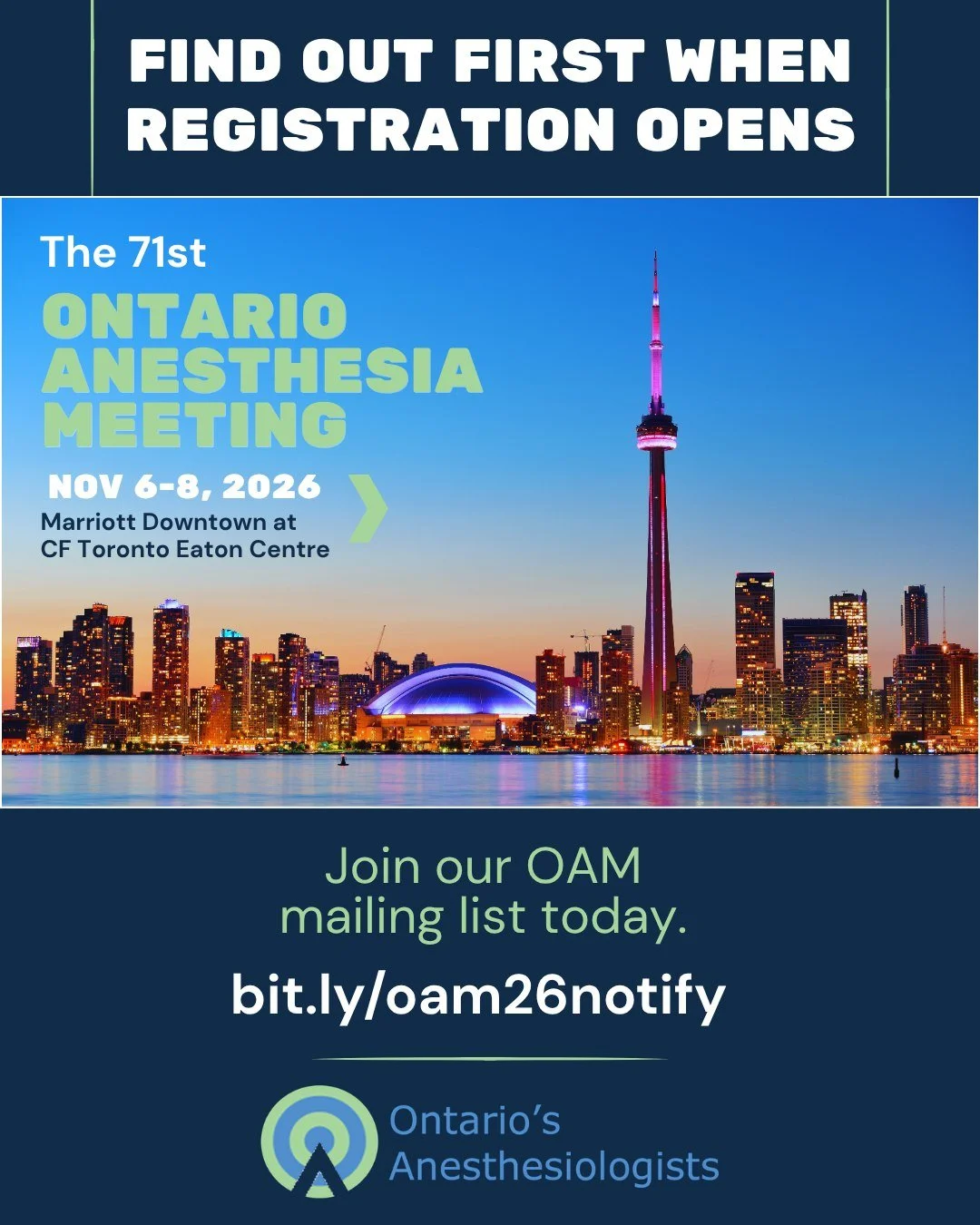 We're counting down the days until registration for #OAAM2026 opens!

Find out first by joining our Ontario Anesthesia Meeting mailing list: bit.ly/oam26notify (link also in our bio).

We're also hoping to release our program in the next few weeks.  