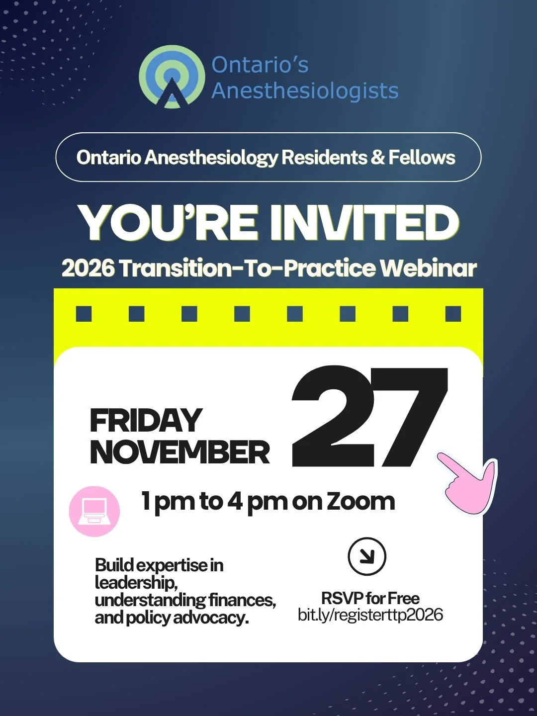 💫 Attention Ontario anesthesia residents and fellows: You are officially invited to this year&rsquo;s Transition-to-Practice webinar. TTP is entirely virtual so you can attend it from almost anywhere! 💫

🗓️ Friday, November 27, 1 pm to 4 pm on Zoo