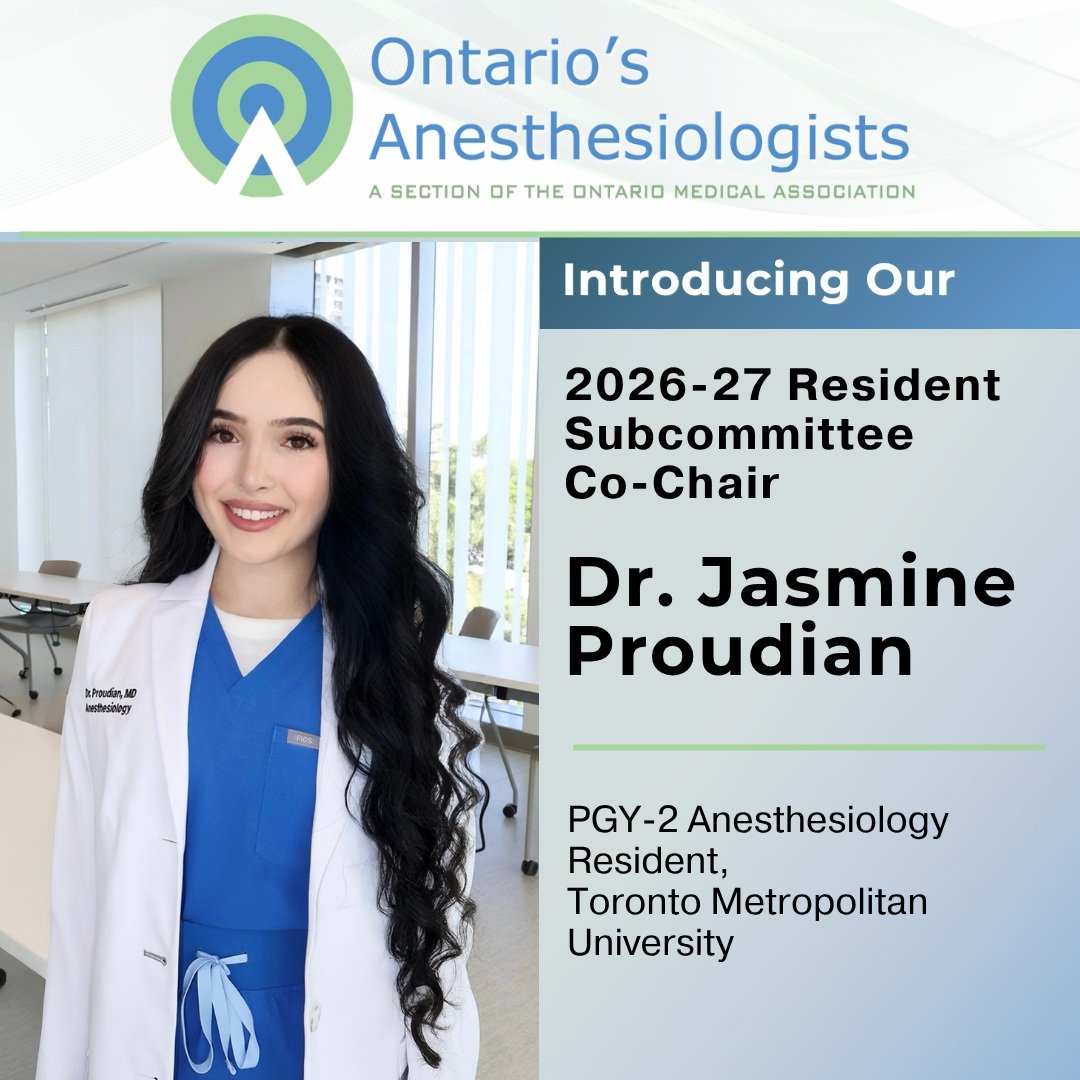 Ontario&rsquo;s Anesthesiologists, the organization that represents anesthesiologists in our province, is pleased to announce that Dr. Jasmine Proudian, a second-year resident at @tmu_medicine, has been named one of the Co-Chairs of our 2026-27 Resid