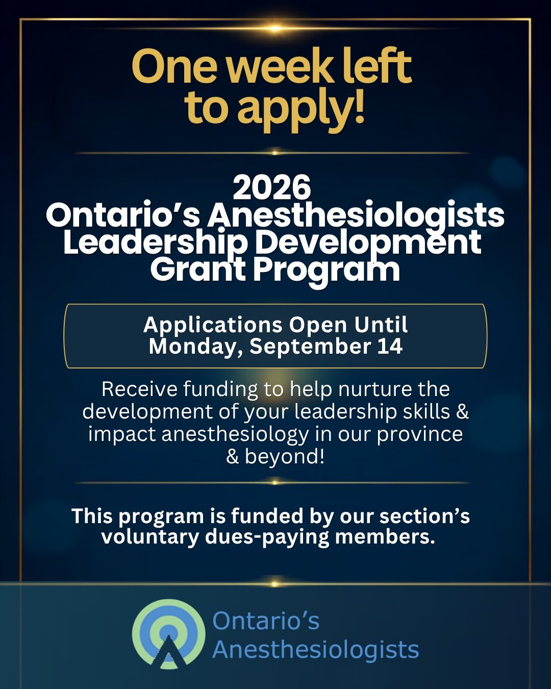 Are you an Ontario anesthesiologist who is working on developing your leadership skills? Do you want to make an impact beyond the OR and your hospital? Then apply to our Leadership Grant Development program!

🗓️ Applications due Monday, Sep 14
🔗 Fi