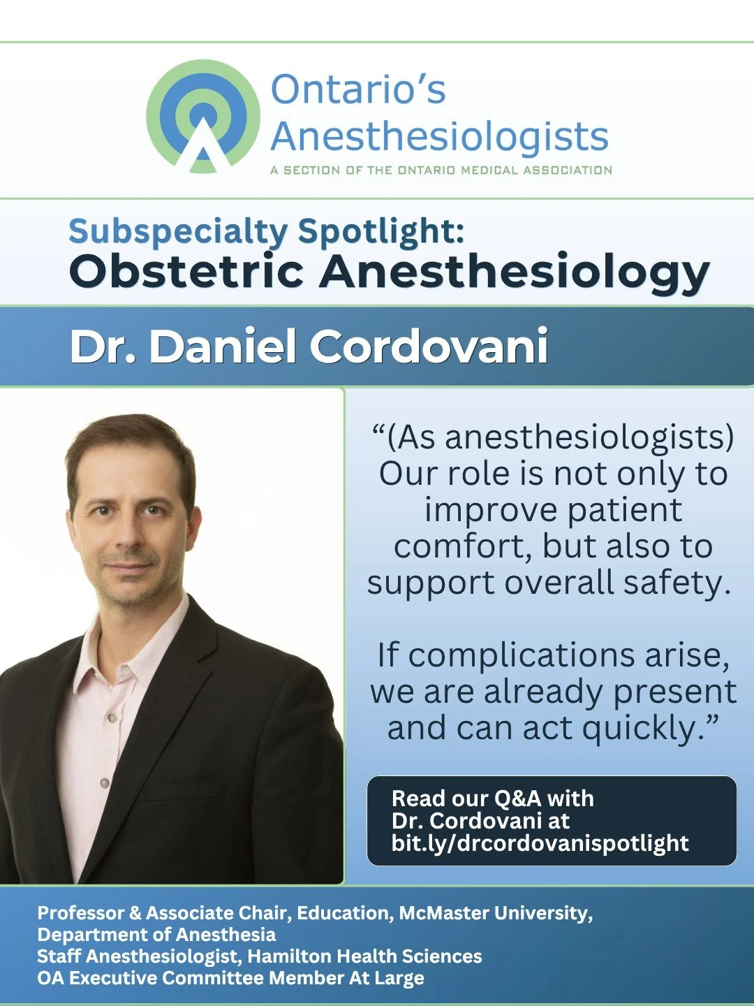 Earlier this month, we shared our latest Subspecialty Spotlight. Focused on obstetric (OB) anesthesiology, it features a Q&amp;A with @macanesthesia's Dr. Daniel Cordovani. Find it right here on our Instagram page or access it via this short link:  b