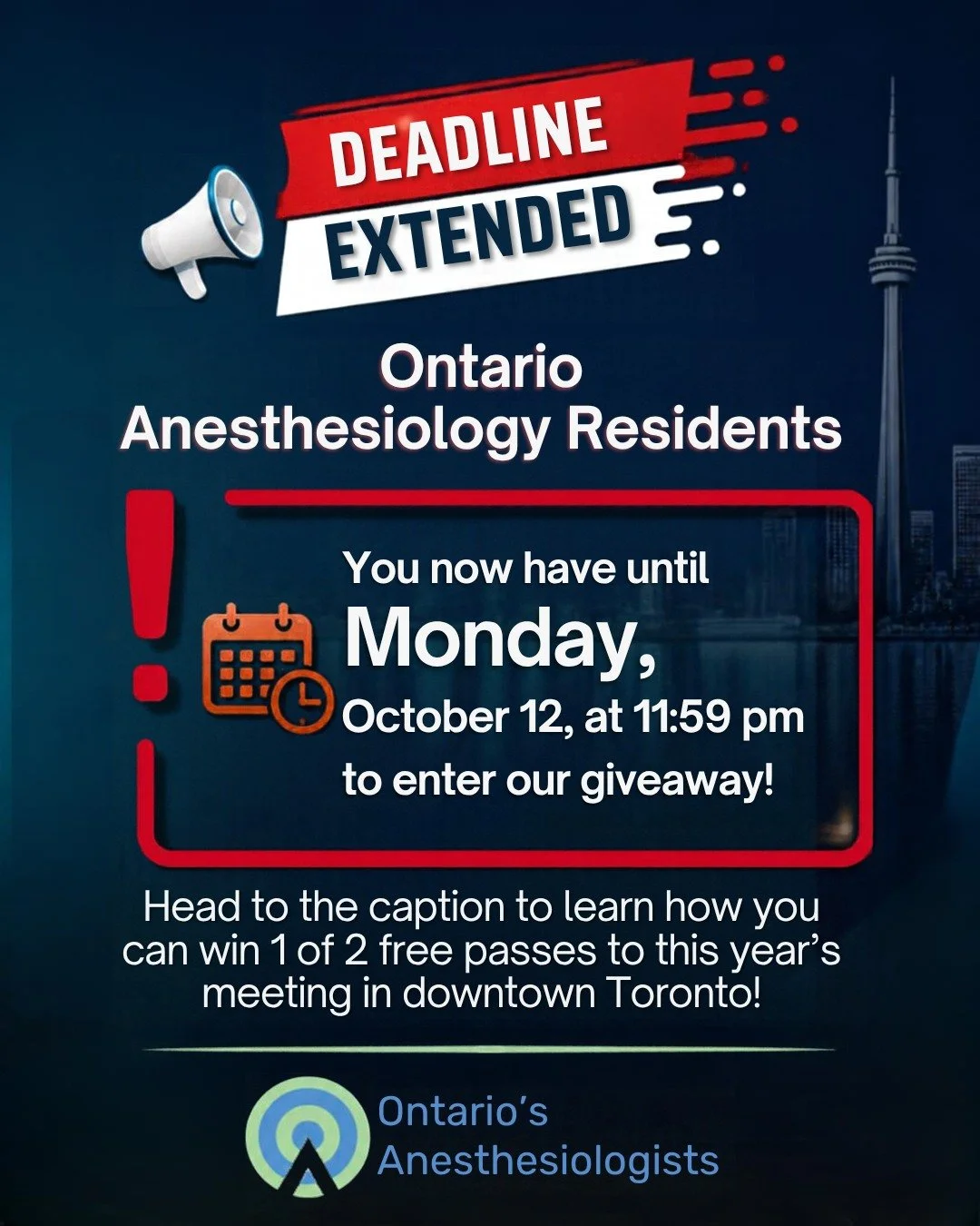 📢 Ontario anesthesiology residents: We've extended the deadline to enter our giveaway for one of two free passes to this year's Ontario Anesthesiology Meeting, happening November 6 to 8 in Toronto. 

To enter:

💜 Like this post
👉 Follow @ontariosa