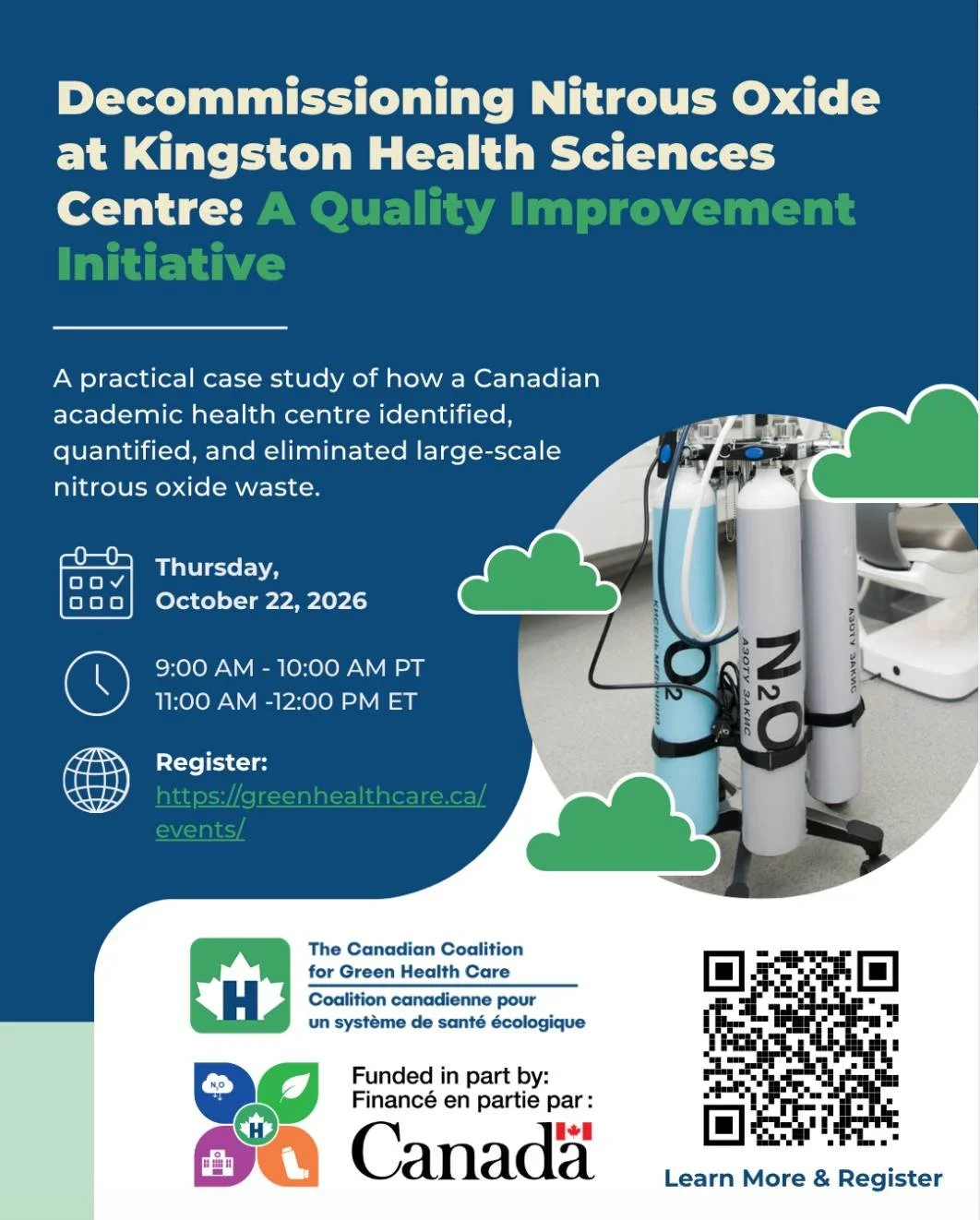 Does your hospital use nitrous oxide (N2O) pipelines? Then this webinar, hosted by @ccghc_ on Thursday, October 22, is for you! 

Two of our members, Drs. Danielle Bourgeois-Lapiccirella and Janet van Vlymen, will lead attendees on how the Kingston H