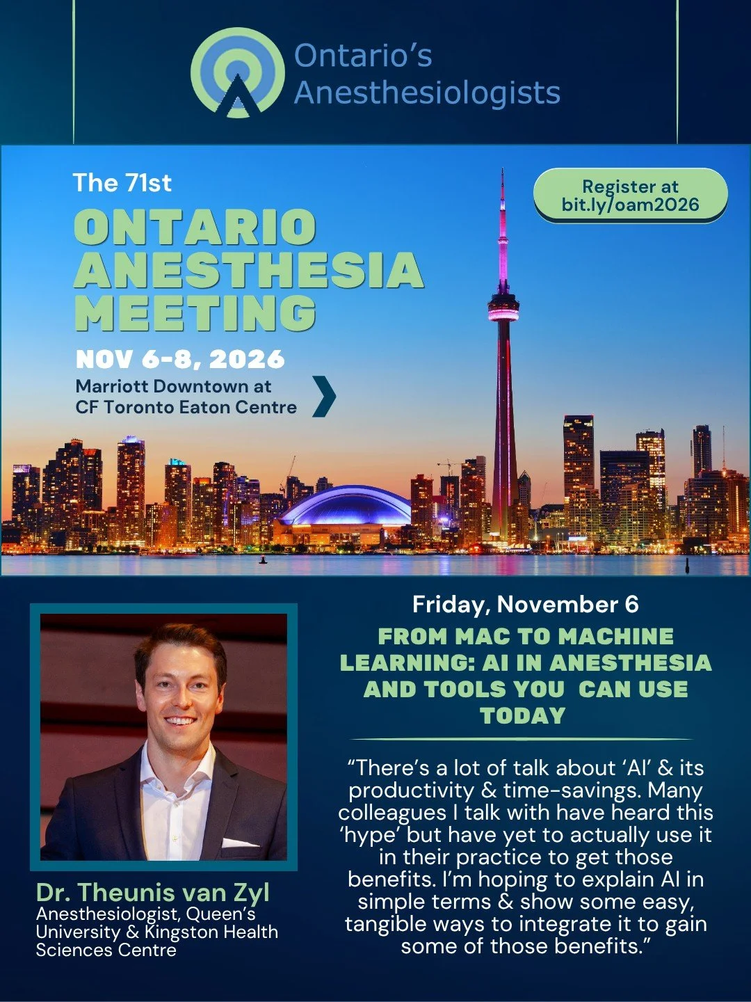 Can AI really save anesthesiologists' time and make their practice a little easier? Find out at  Dr. Theunis van Zyl's #OAAM2026 session on November 6. He'll focus on practical advice and share his own real-world experiences with using AI to make his