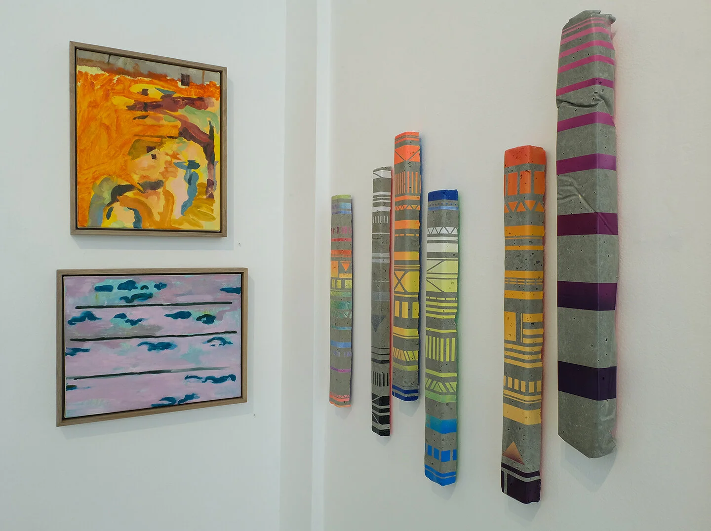 Bar Graphs (right) on view in Reading Between the Lines at Hashimoto Contemporary in San Francisco, CA in April 2018. Paintings on left by MJ Sasaki.