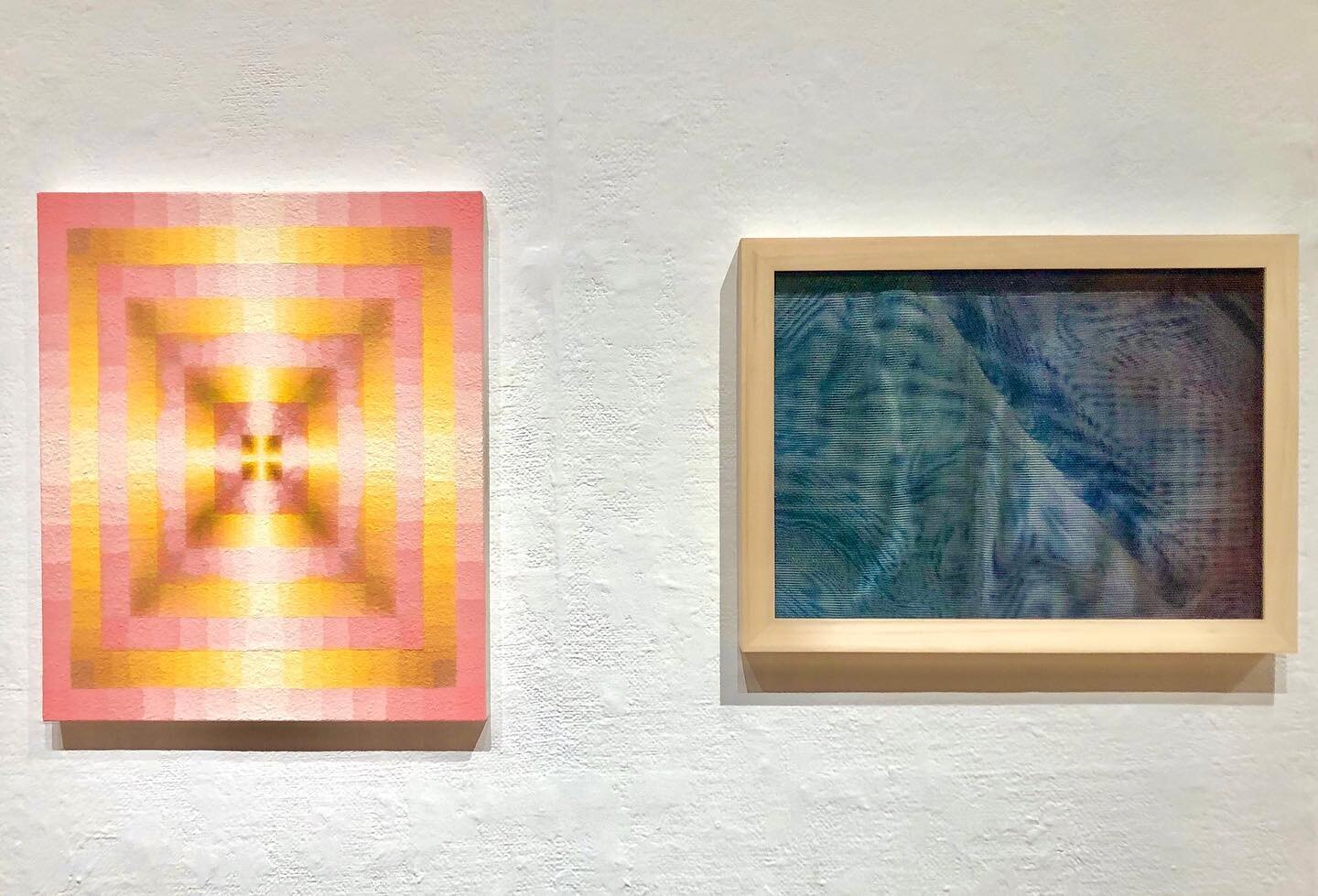 Last few days to see these two pieces in Excursions @berkeleyartcenter curated by @hoi9__9 &bull; show closes Saturday 7/29 at 5pm 

(L) No Star Burns Forever, paper pulp on canvas, 24&rdquo; x 20&rdquo;
 
(R) Peace, Love, and Monkey Business, screen