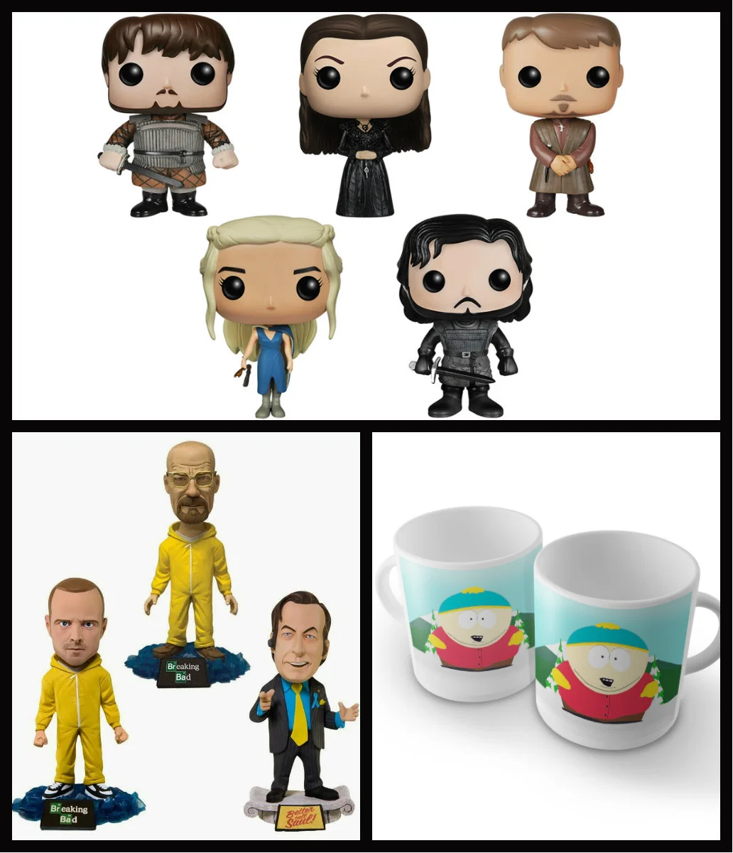 Sugestões de presentes geek - Bonecos funko colecionáveis G.O.T ~ Bonecos Colecionáveis Bobble head Breaking Bad ~ Canecas South Park.
