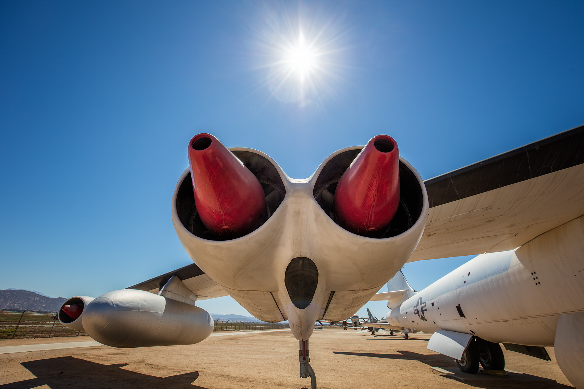 A twin jet nacelle on a long range bomber looking very surprised. This plane was used by the Strategic Air Command to carry nukes around, looking for something to bomb. Never happened, thank goodness.