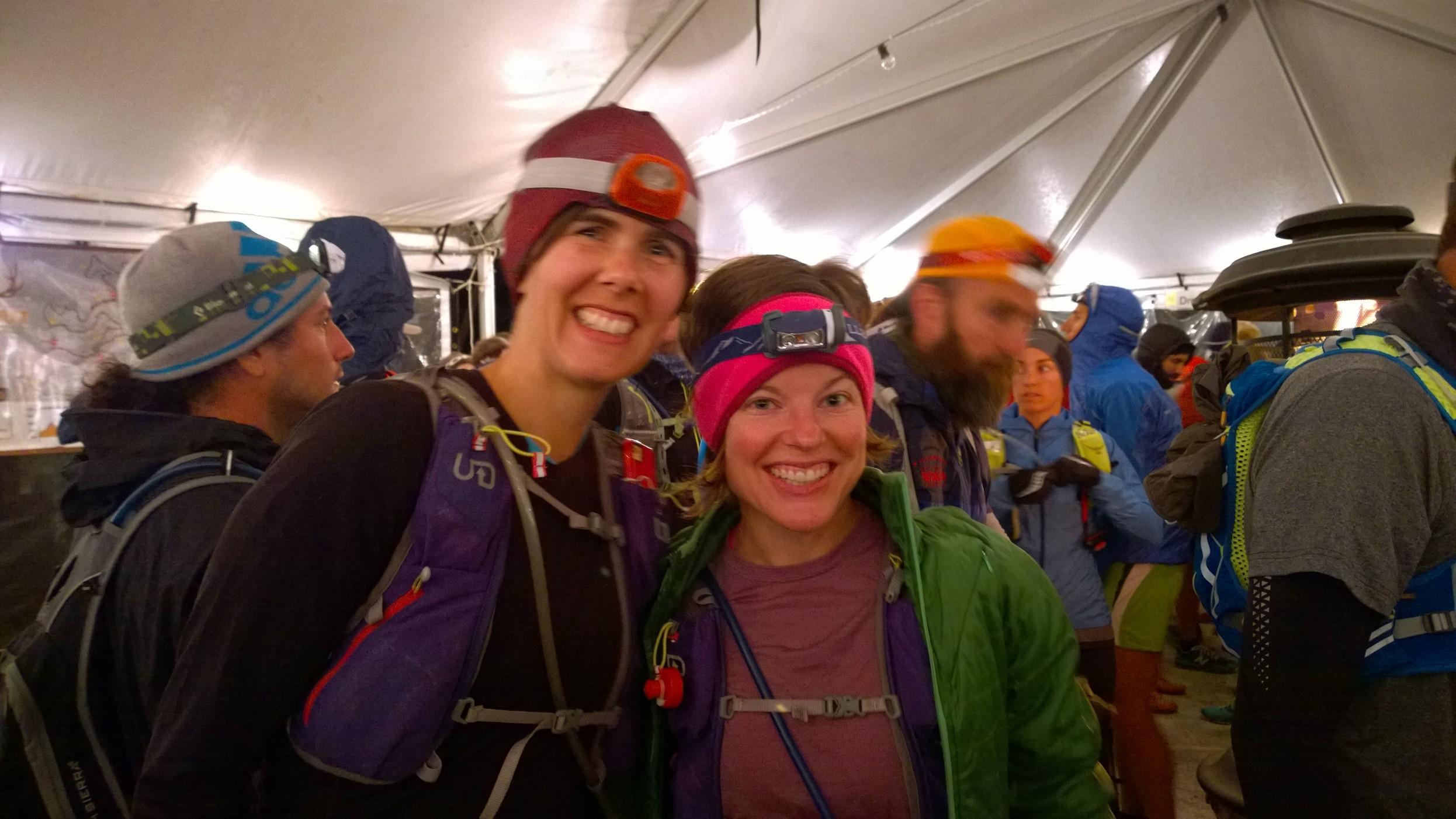 Staying warm before the start. Thanks to the Mikes for having heaters in the tent.