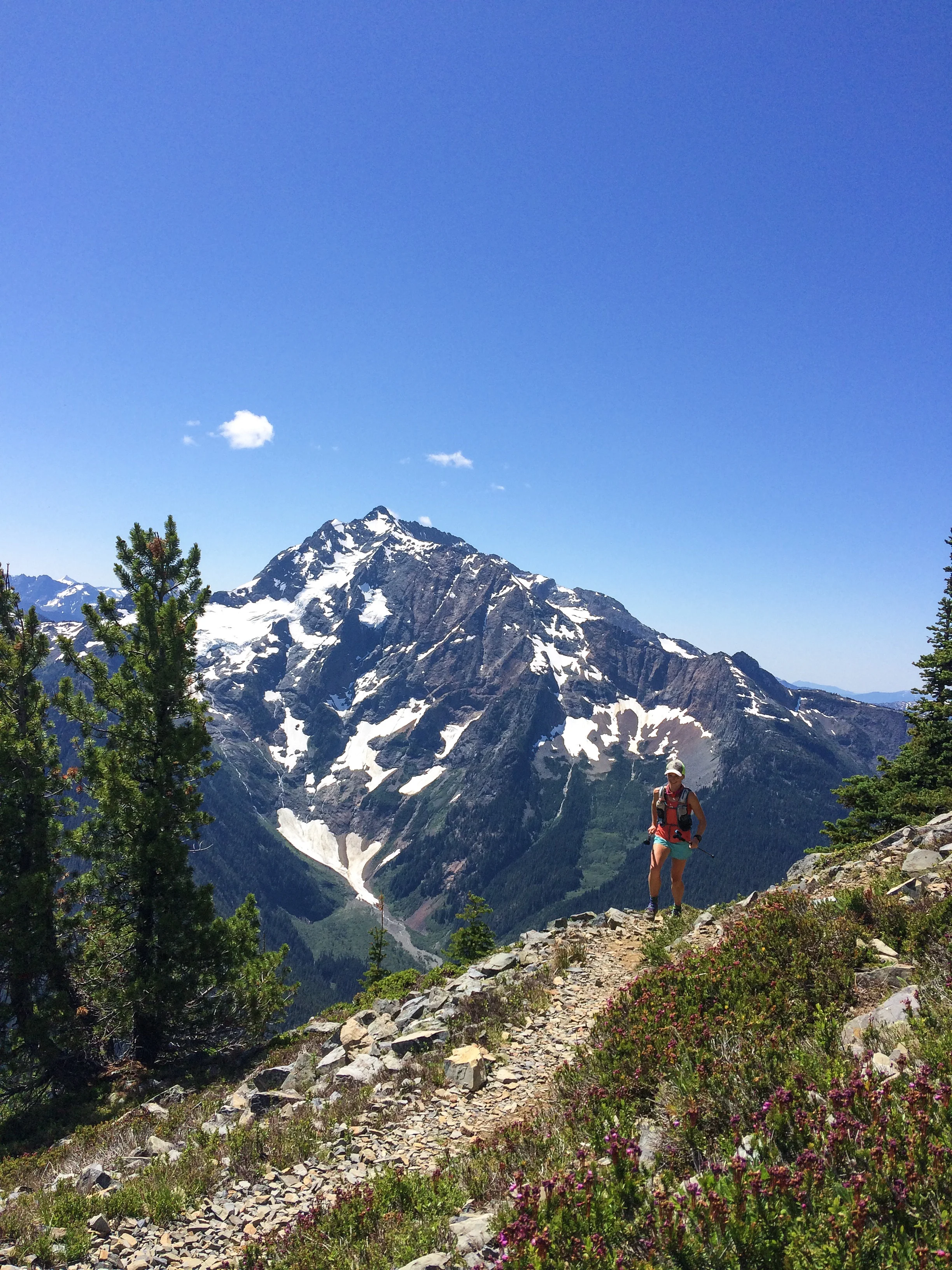 Just before Devils Dome- pretending to run for the photo even though I was definitely hiking. 9,000ft of ascent already done. PC: Sophie Whittaker