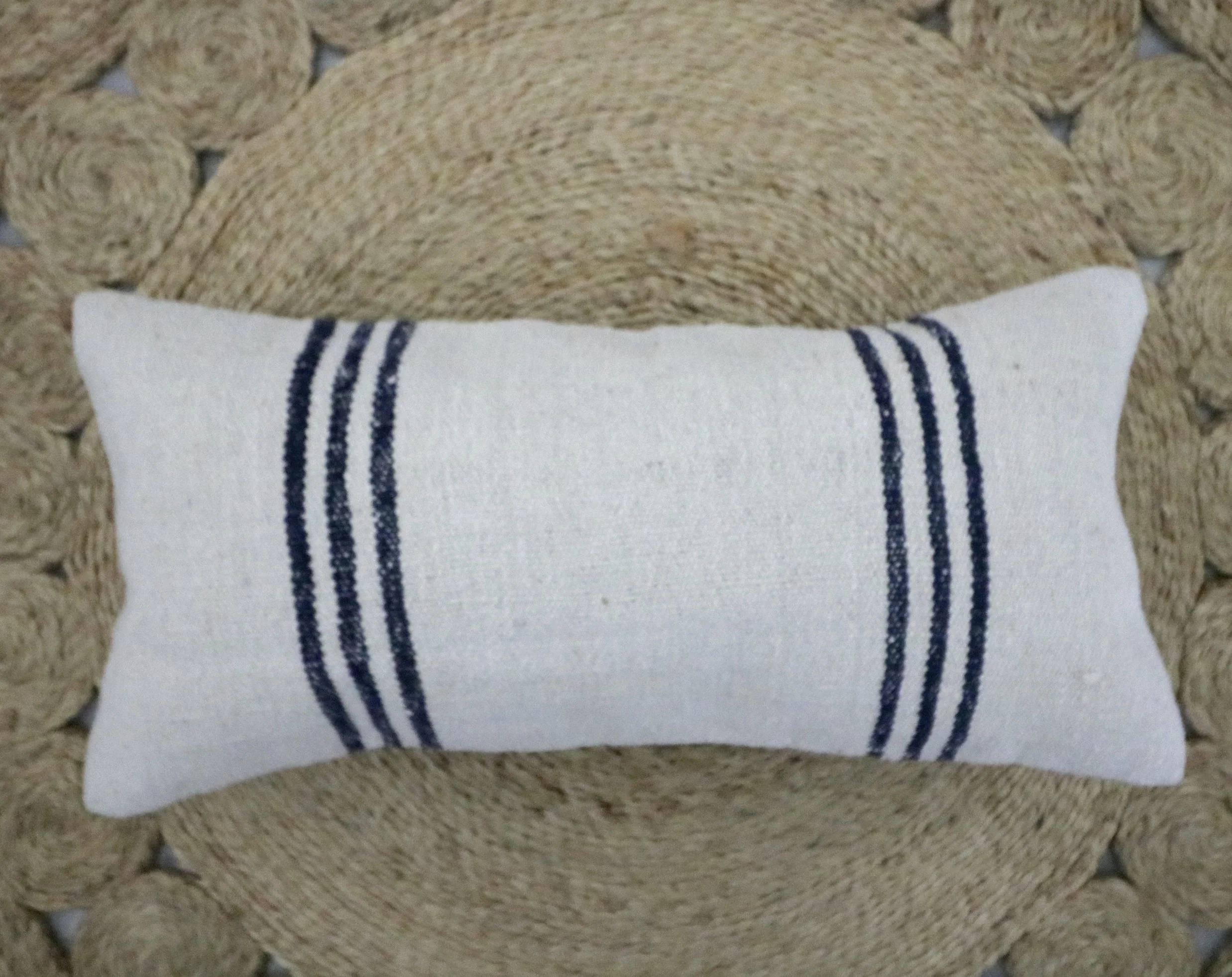 Vintage Blue Striped Kilim Lumbar Pillow 