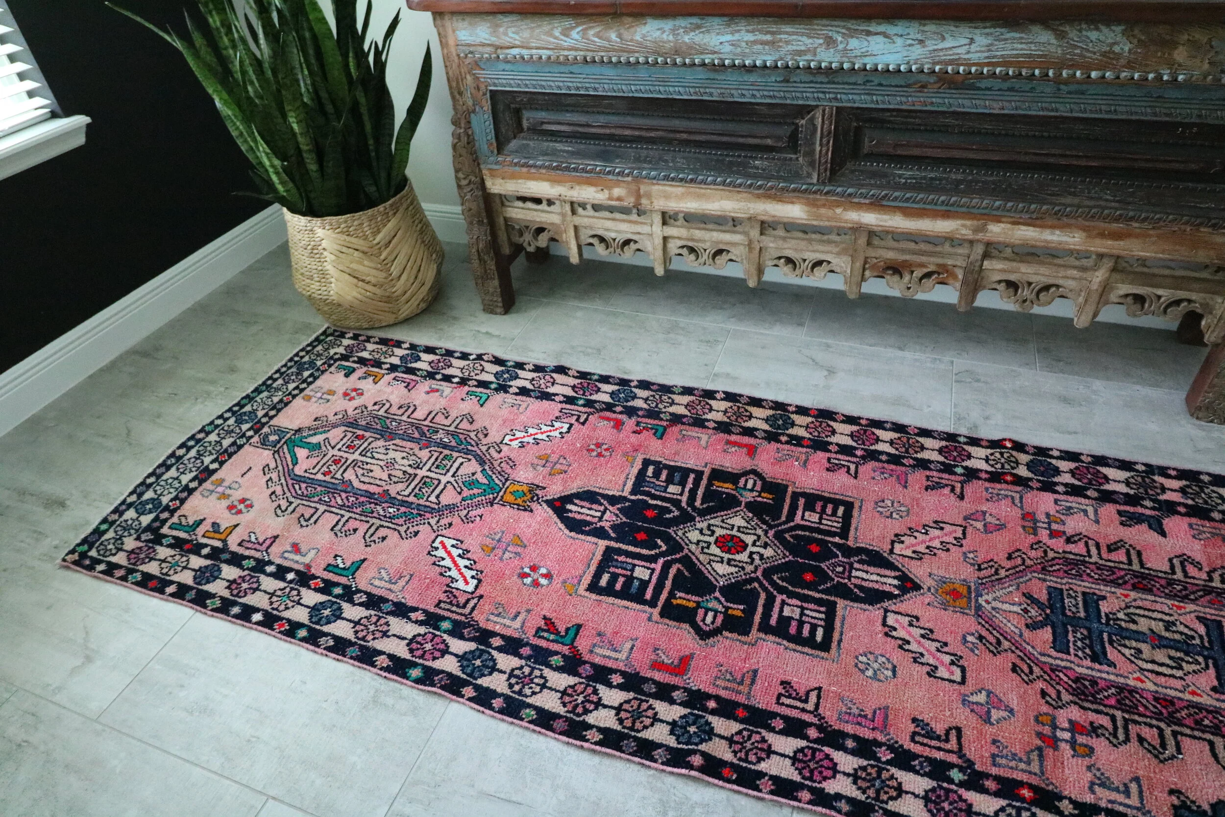 Pink Tribal Vintage Turkish Rug 