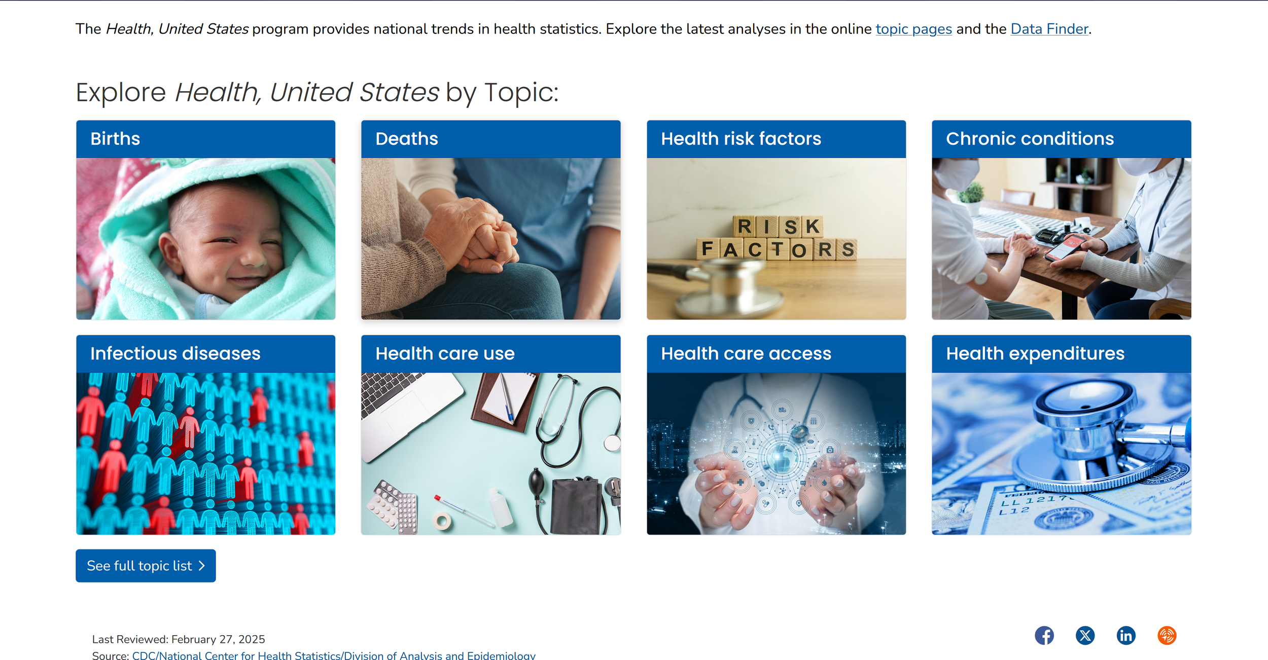 Screenshot of Health, United States homepage with featured topic tiles