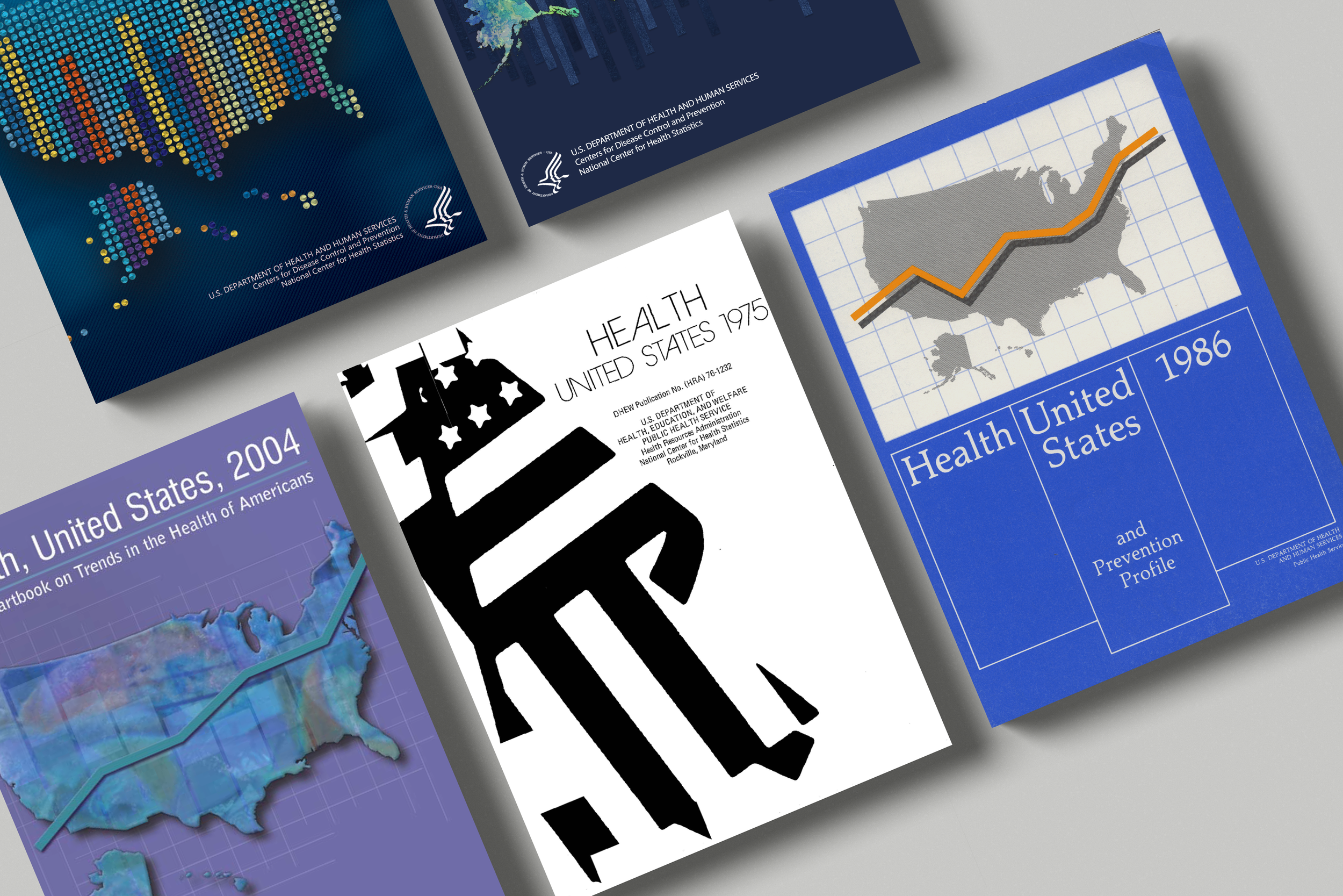 Sampling of 5 Health, United States covers from over the years (1975, 1986, 2004, 2017, 2019)