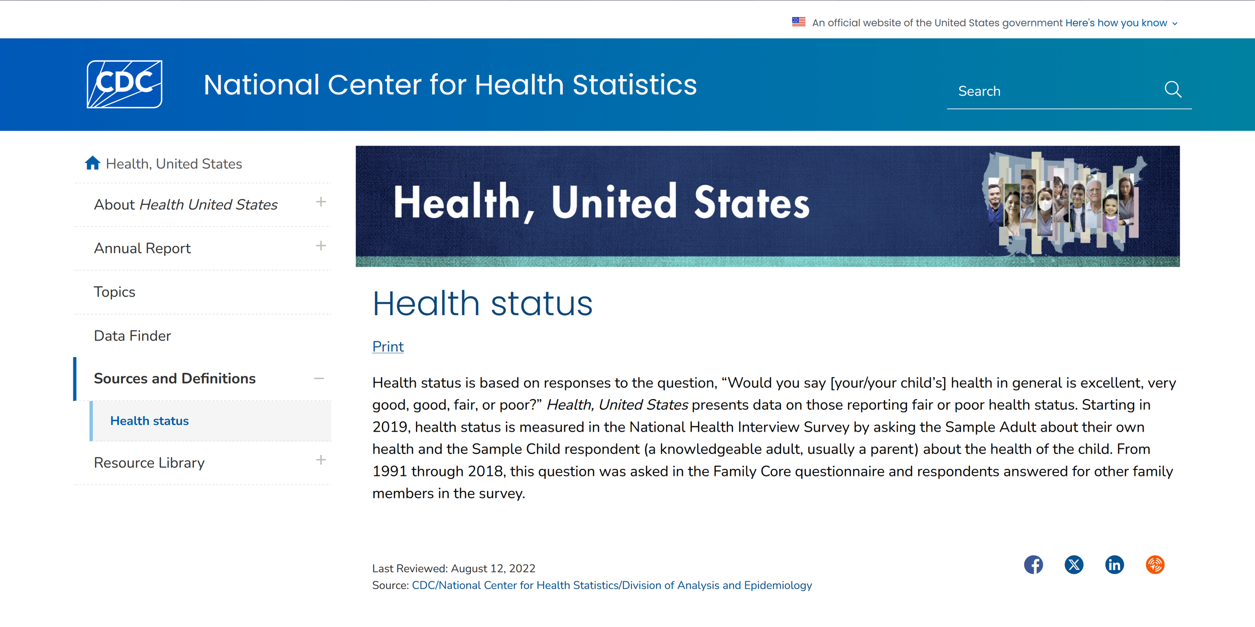 Screenshot of definition page from Health, United states website