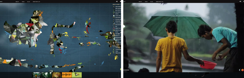 On the website 17000islandsinteractive, our film is presented in small pieces collaged together to form the official map of Indonesia. You can browse and watch each clip, - or you play them in the order of the directors cut. You chose whatever material you would like to use.