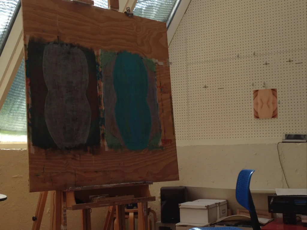 Going back to the easel to smear some paint around./Here two paintings in process I was working on just prior to leaving for Germany./They are acrylic on Bristol paper, 18 x 24 inches.