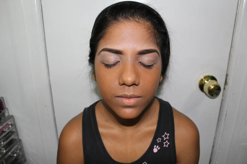  Moisturize, Prime, + Foundation  I used MAC's Oil Controlling Lotion and Strobe Cream as a base. Then followed up with Urban Decay's Primer Potion on the eyelids.  For Foundation, I used MAC WaterWeight Foundation in NW45. For the best application, 