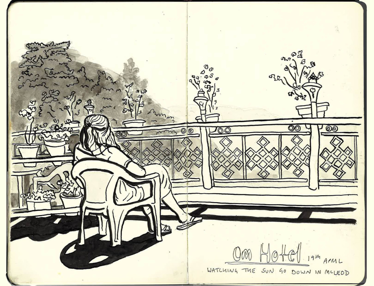 Watching the sun go down above Dharamsala. Chai in hand, pizza en route. Wonderful memories. Pen and ink