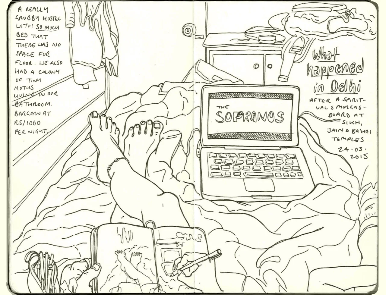 We went to Delhi and mostly did a lot of sweating. It is unfortunate then, that the only drawing I did the whole time was of the inside of our (pretty miserable) hotel in Paharaganj.We also visited the incredible, ancient Jain temple opposite the Re…