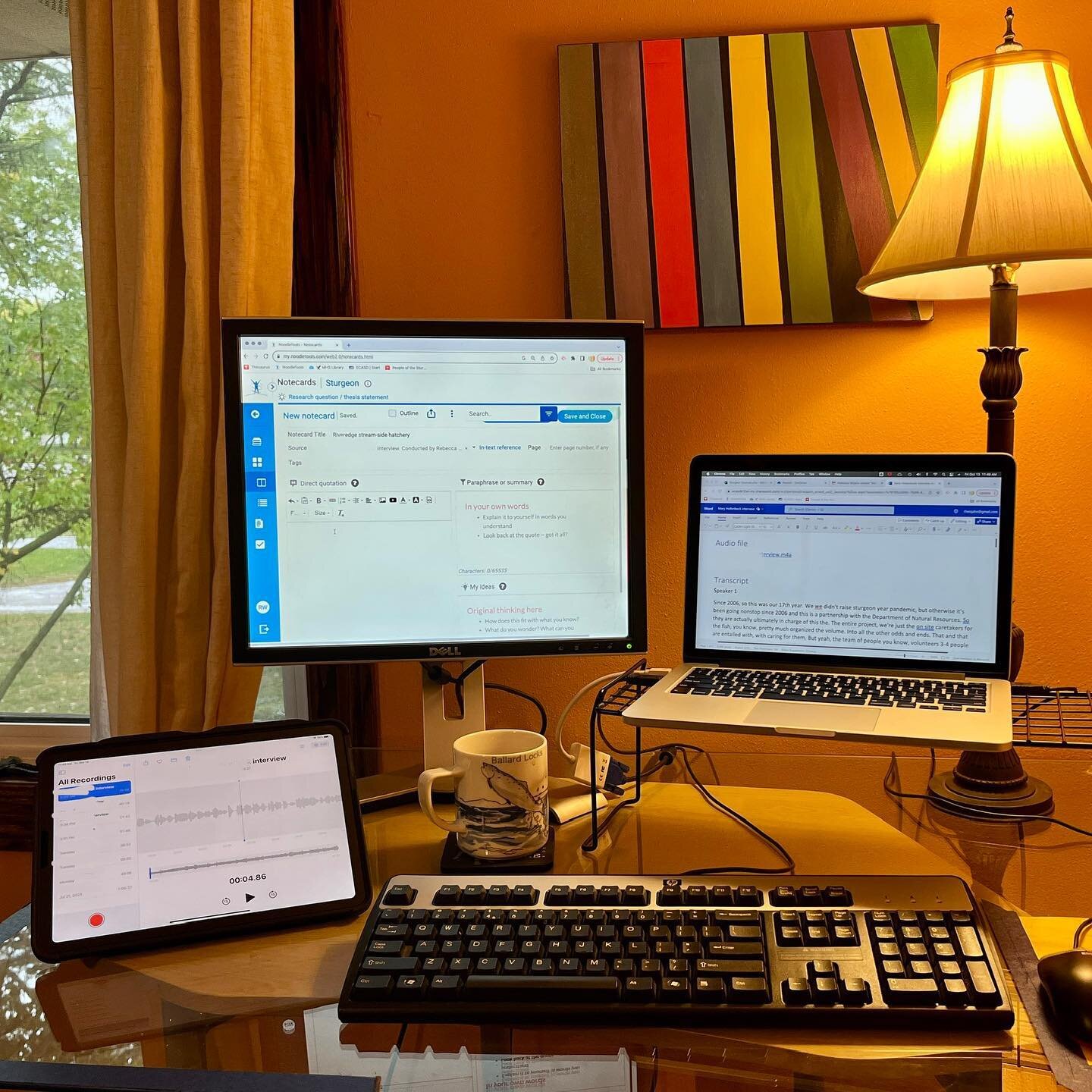 It’s a 3-screen writing day. One to play my audio interview, one to show the written transcript, and one for taking notes. #writerlibrarian #kidlit #writingresearch #lakesturgeon #wisconsinhistoricalsocietypress