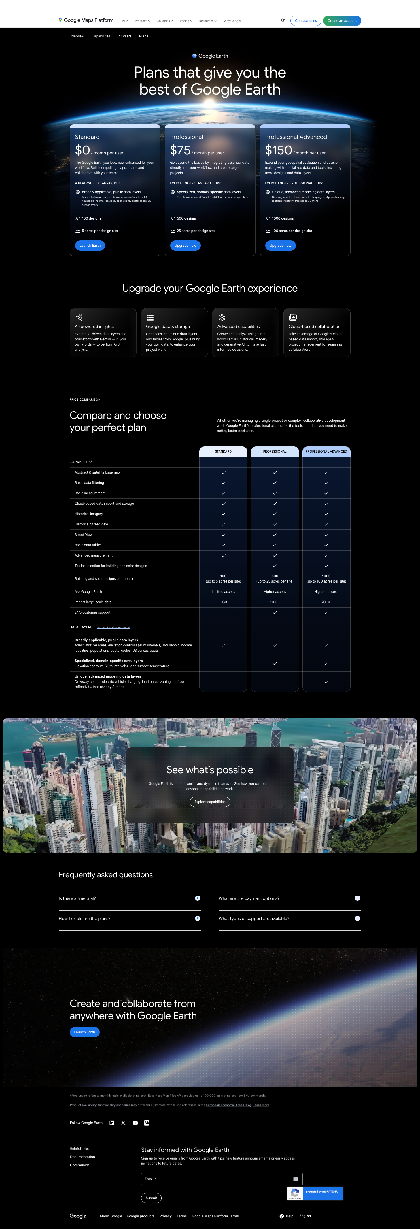 Google Earth pricing page
