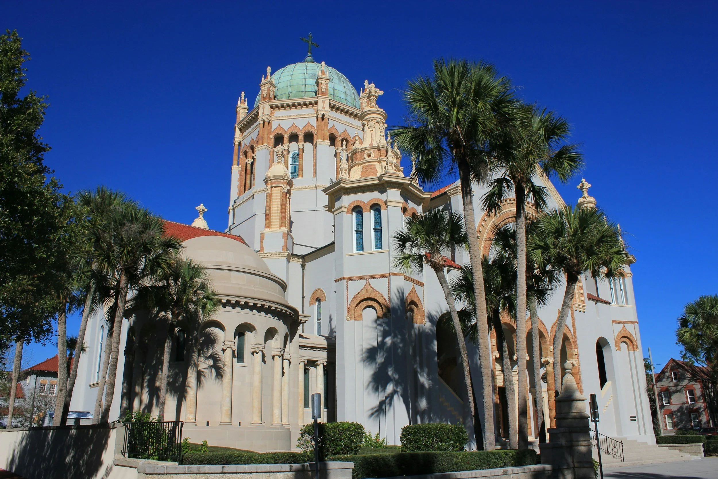 A church and palm trees
