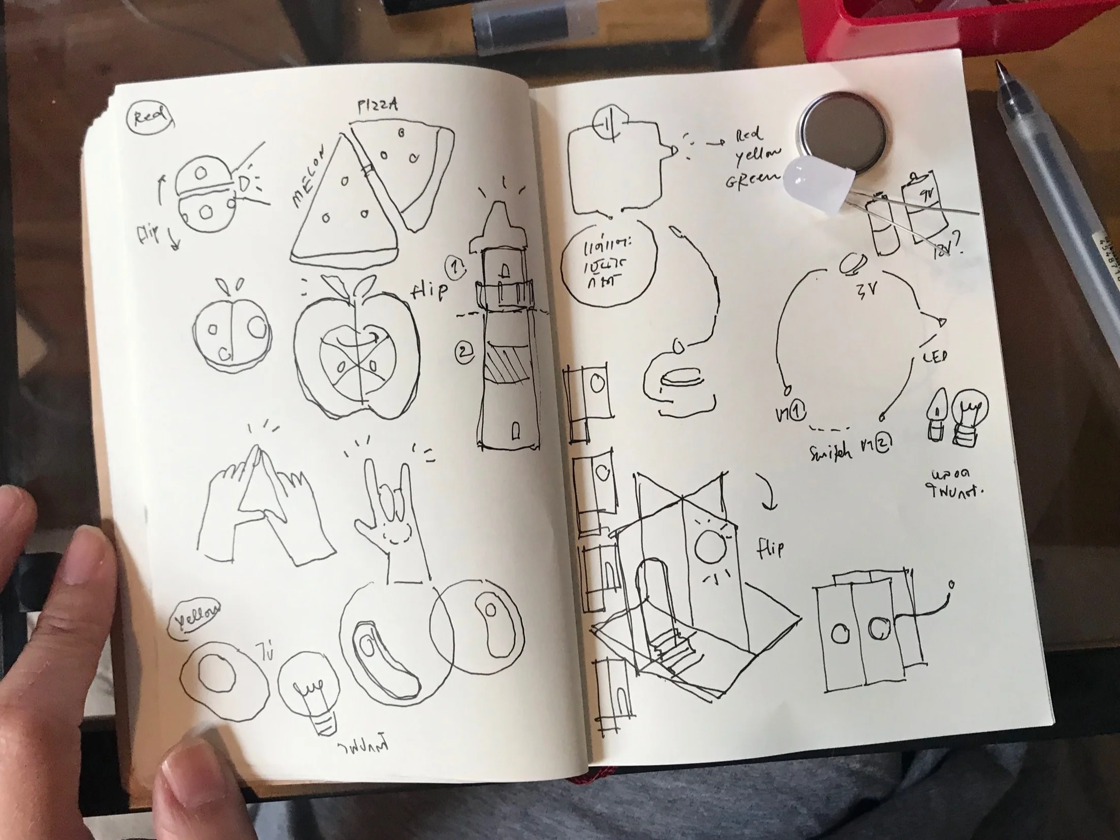 First sketch Ideas that come from the color red. For example; a flipped bible bee flashlight, a water melon, an apple and even the hand sign for love.